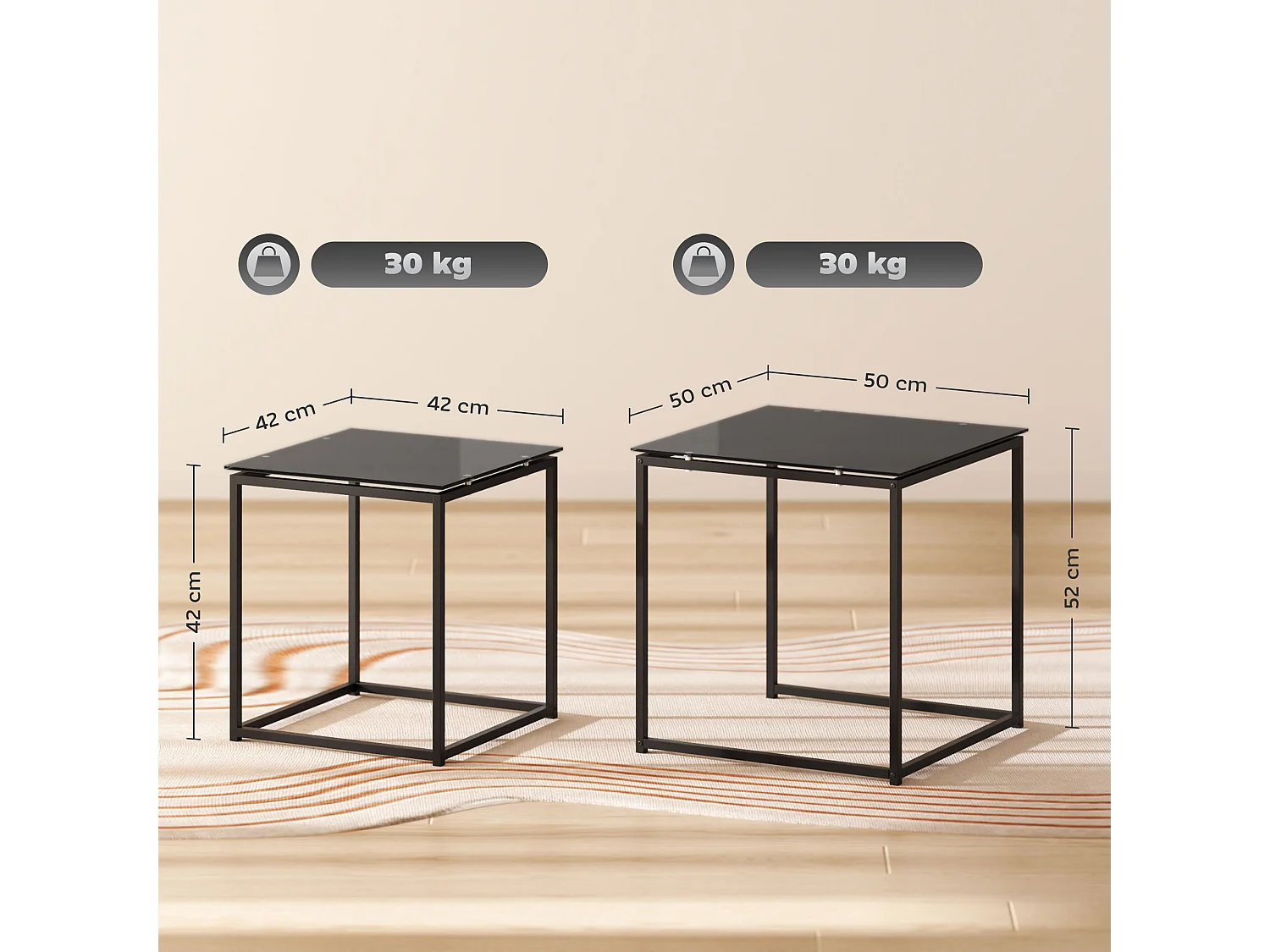 Table d'appoint 2 pièces, tables basses carrées avec verre trempé, cadre en métal, design moderne, noir (50x50x52 cm)