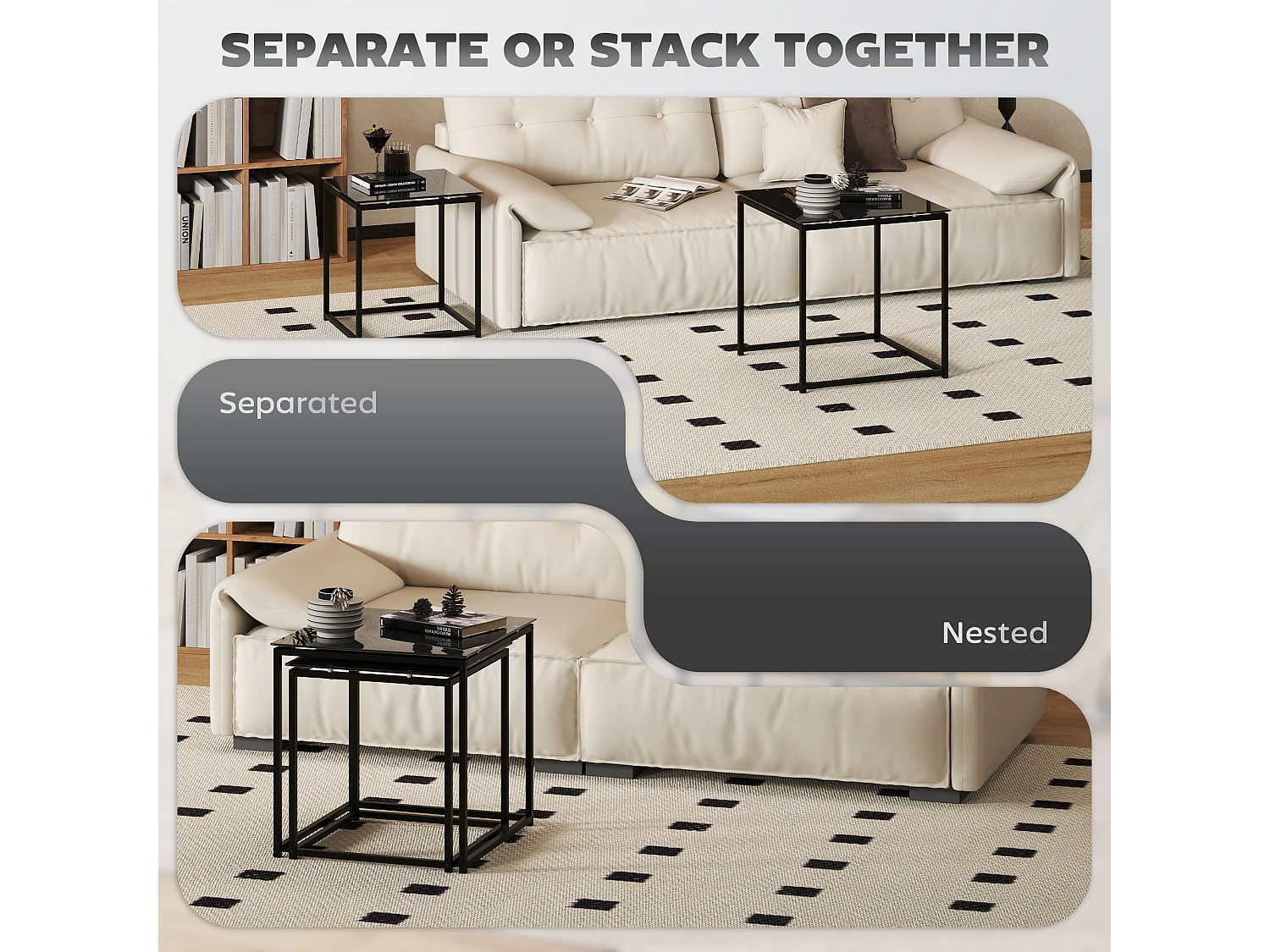 Table d'appoint 2 pièces, tables basses carrées avec verre trempé, cadre en métal, design moderne, noir (50x50x52 cm)