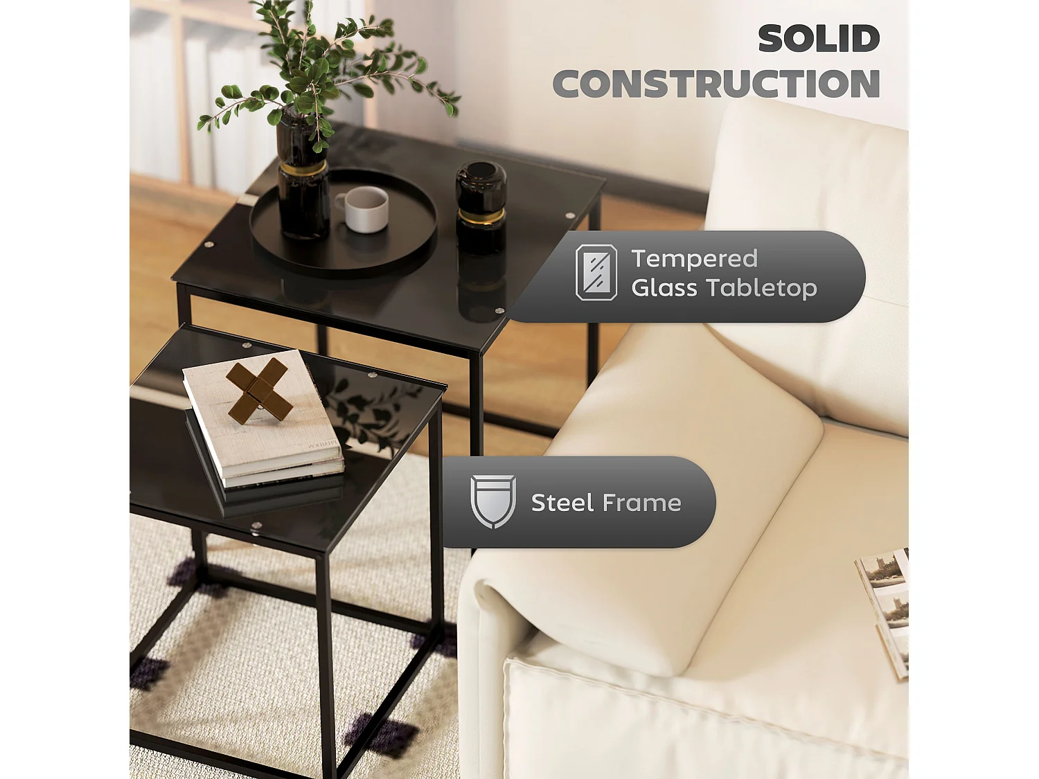 Table d'appoint 2 pièces, tables basses carrées avec verre trempé, cadre en métal, design moderne, noir (50x50x52 cm)