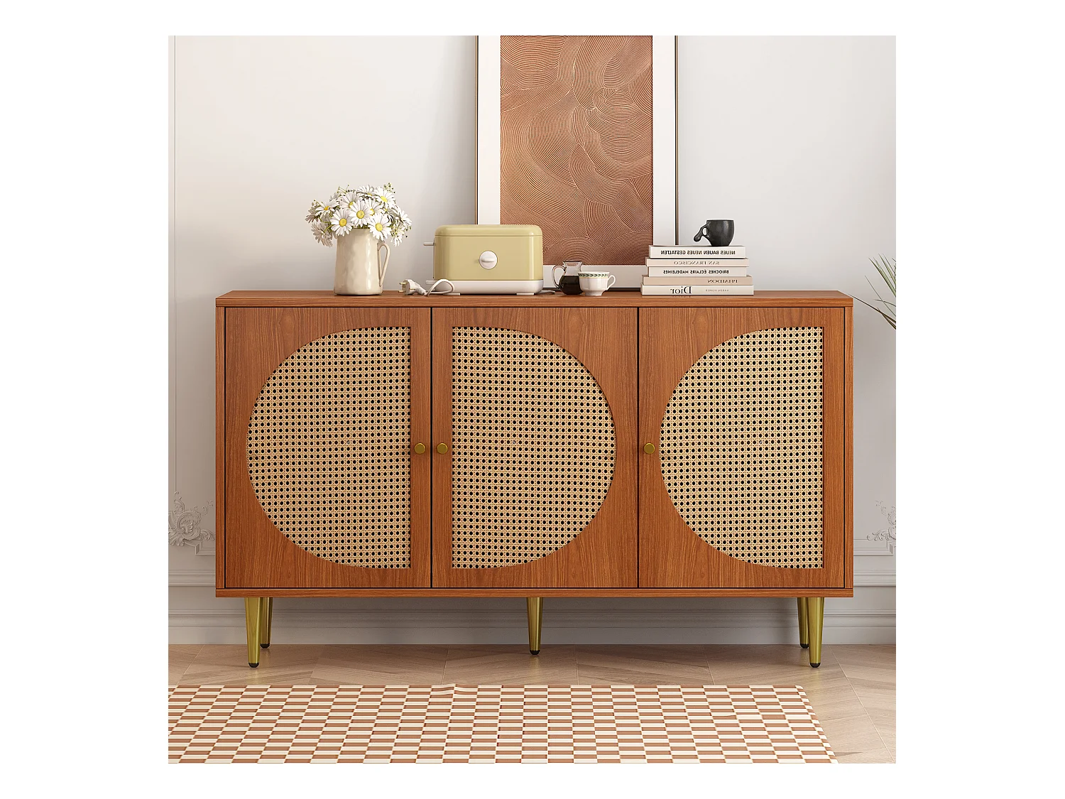 Buffet avec 3 portes en rotin, meuble de rangement, avec poignées en métal, pour salon, chambre et bureau, noyer (129.8x40x76 cm)