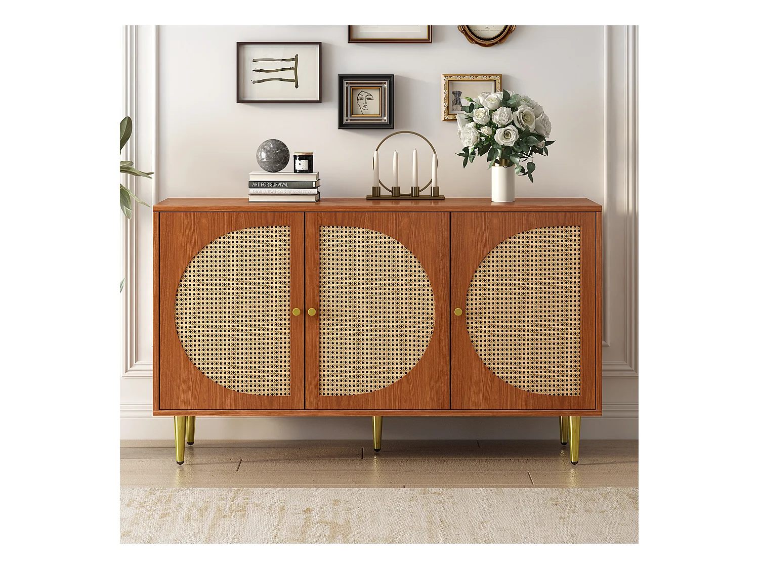 Buffet avec 3 portes en rotin, meuble de rangement, avec poignées en métal, pour salon, chambre et bureau, noyer (129.8x40x76 cm)