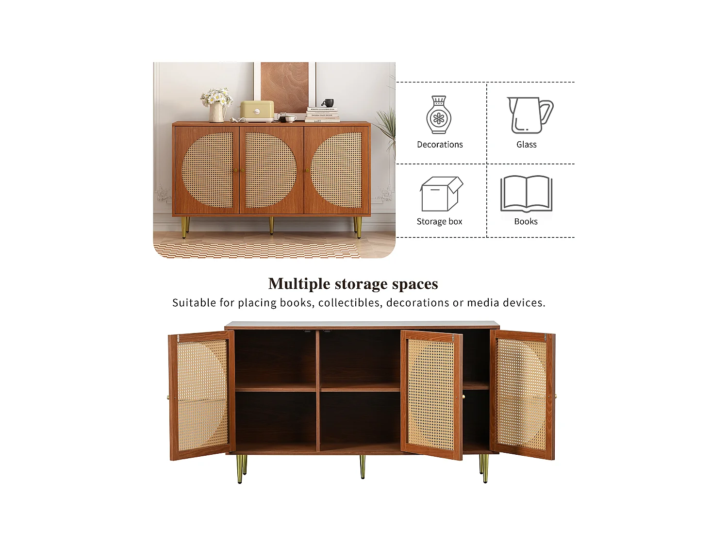 Buffet avec 3 portes en rotin, meuble de rangement, avec poignées en métal, pour salon, chambre et bureau, noyer (129.8x40x76 cm)