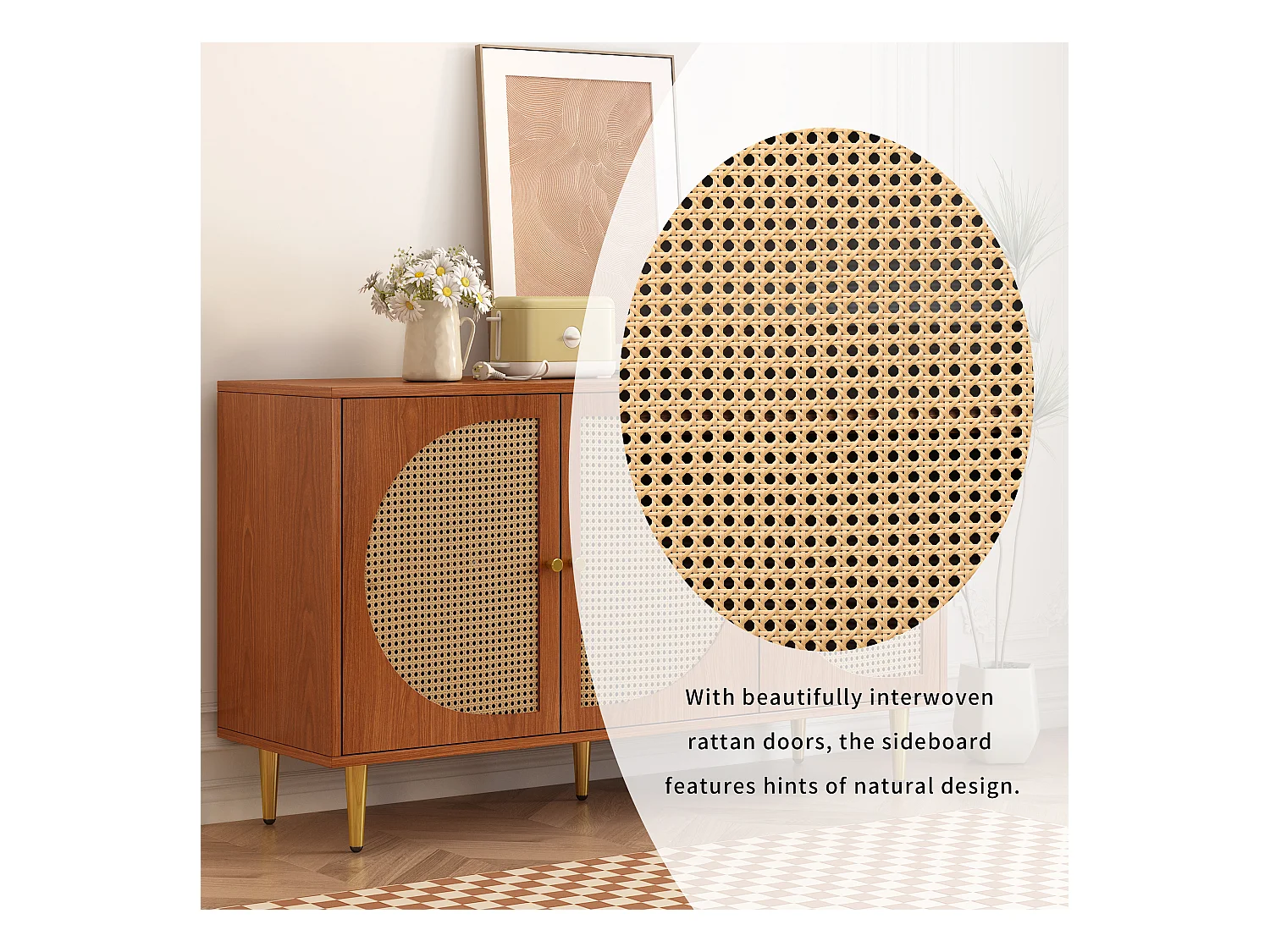 Buffet avec 3 portes en rotin, meuble de rangement, avec poignées en métal, pour salon, chambre et bureau, noyer (129.8x40x76 cm)