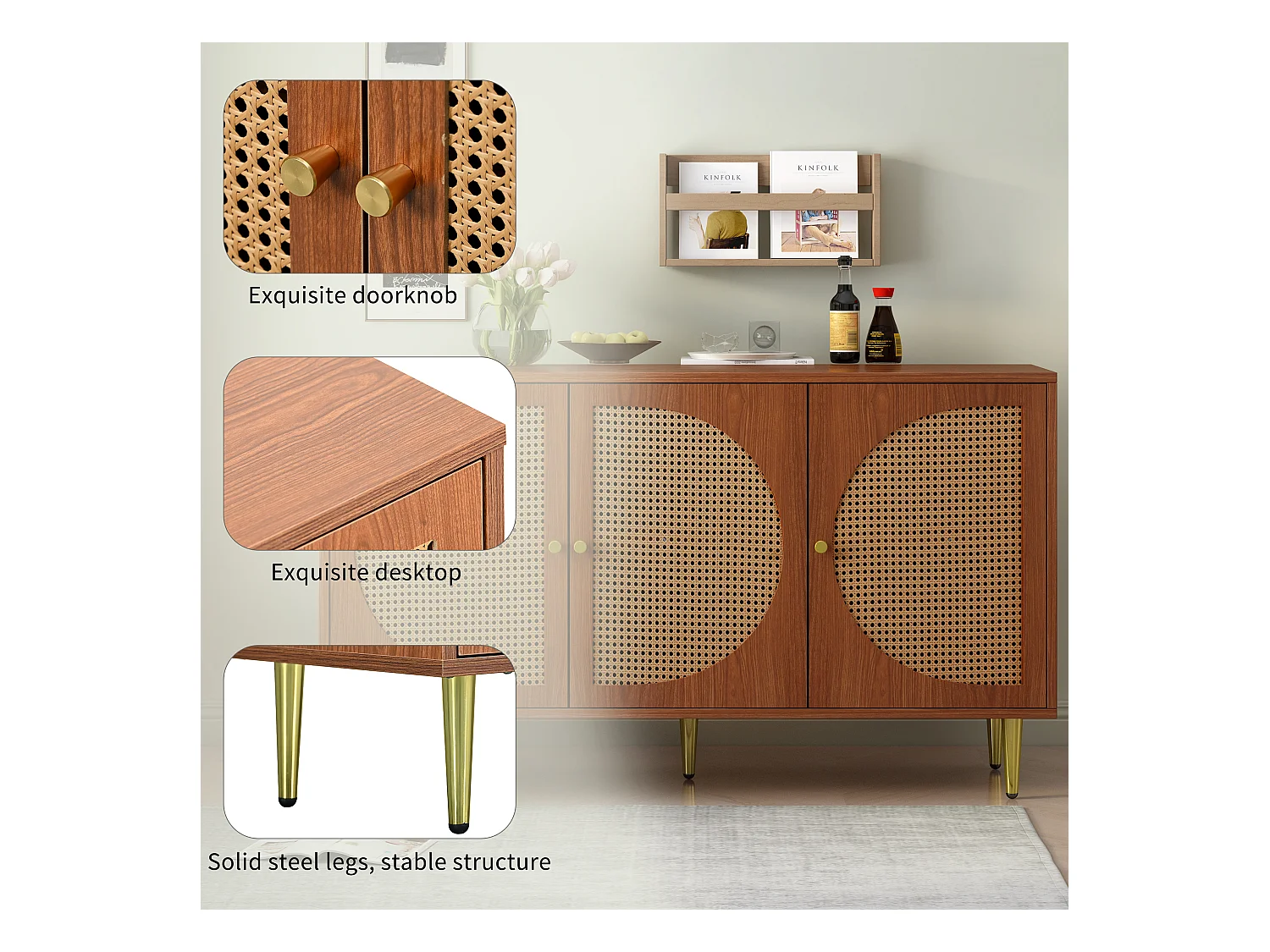 Buffet avec 3 portes en rotin, meuble de rangement, avec poignées en métal, pour salon, chambre et bureau, noyer (129.8x40x76 cm)