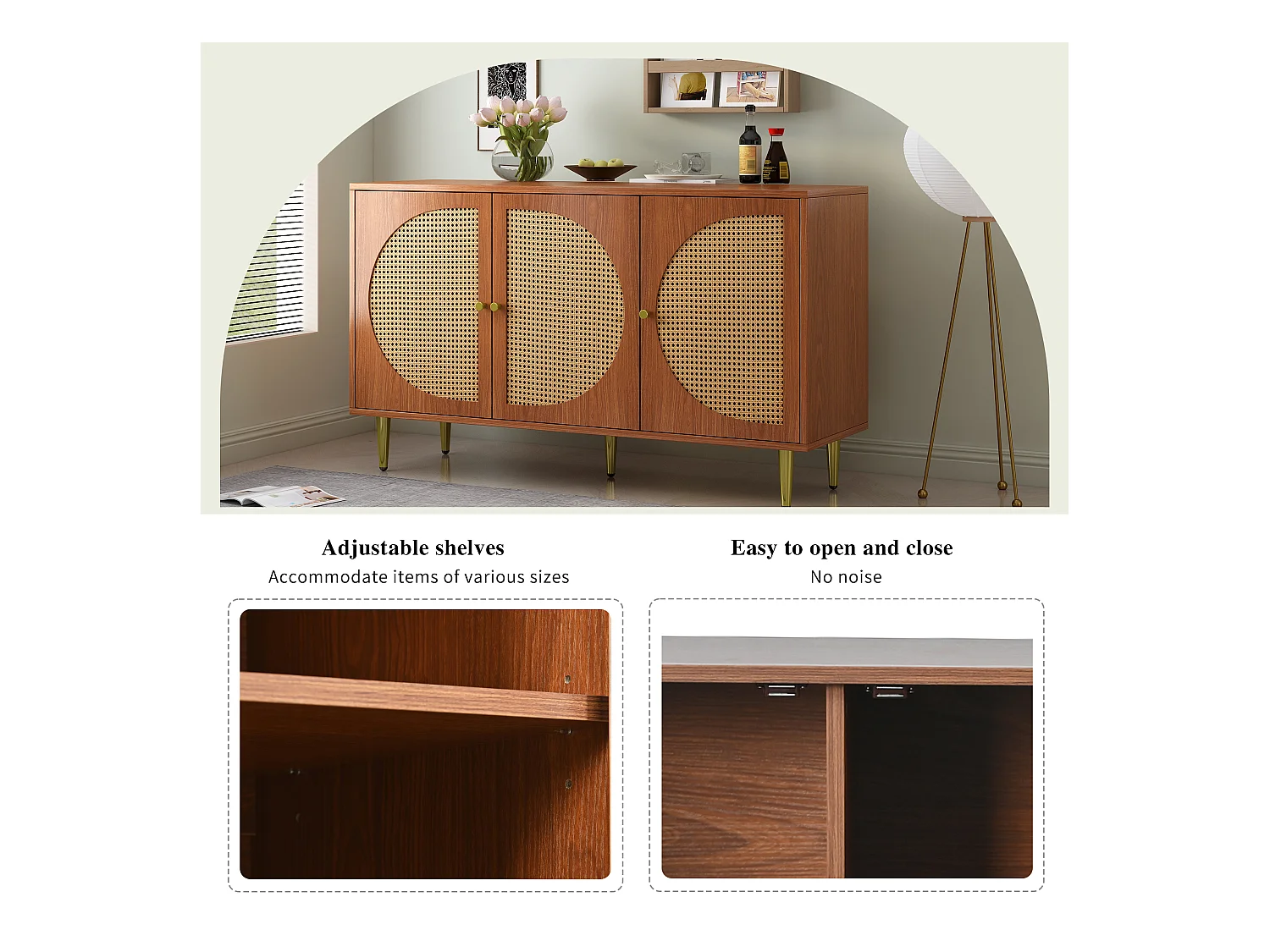 Buffet avec 3 portes en rotin, meuble de rangement, avec poignées en métal, pour salon, chambre et bureau, noyer (129.8x40x76 cm)