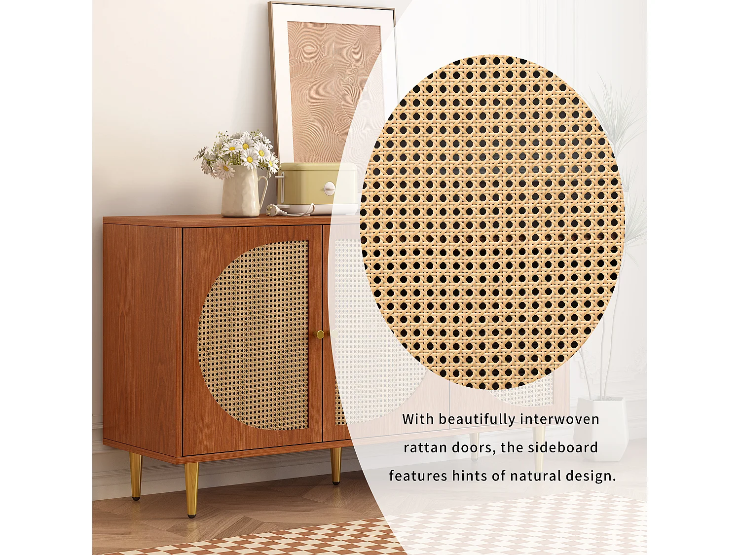 Credenza con 3 ante in rattan, mobiletto portaoggetti, con maniglie in metallo, per soggiorno, camera da letto e ufficio, noce (129,8x40x76 cm)