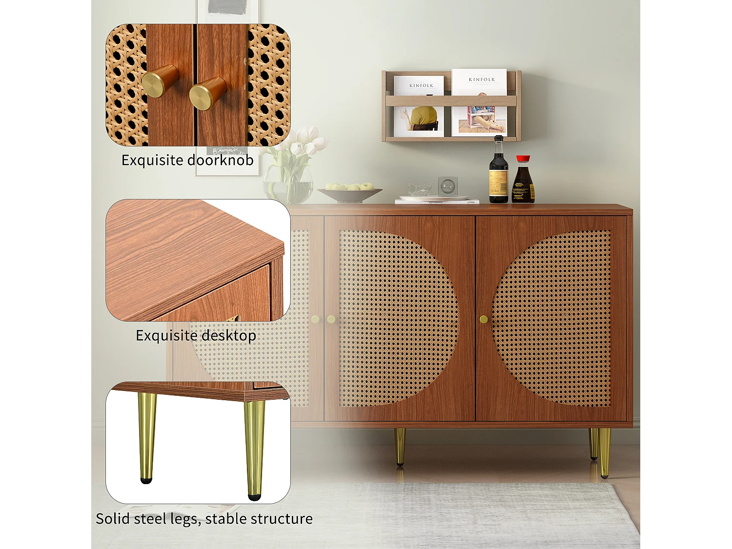 Credenza con 3 ante in rattan, mobiletto portaoggetti, con maniglie in metallo, per soggiorno, camera da letto e ufficio, noce (129,8x40x76 cm)