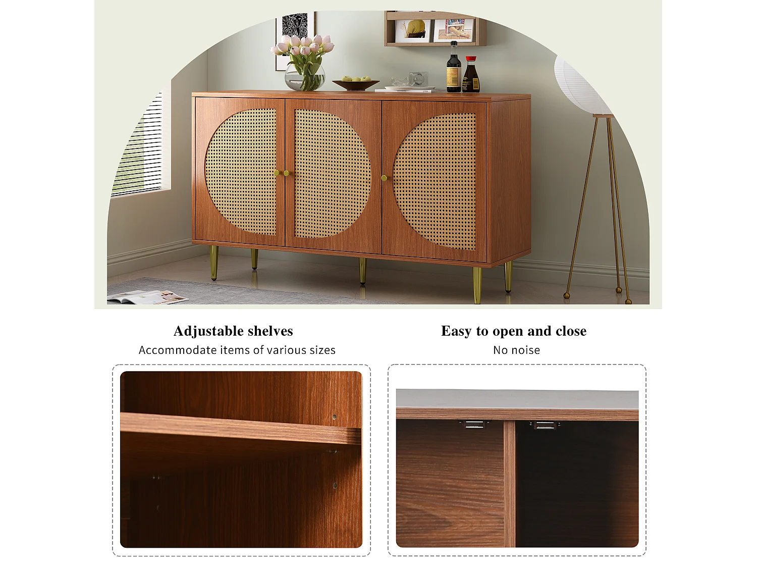 Credenza con 3 ante in rattan, mobiletto portaoggetti, con maniglie in metallo, per soggiorno, camera da letto e ufficio, noce (129,8x40x76 cm)