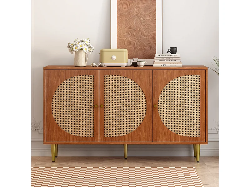Buffet avec 3 portes en rotin, meuble de rangement, avec poignées en métal, pour salon, chambre et bureau, noyer (129.8x40x76 cm)
