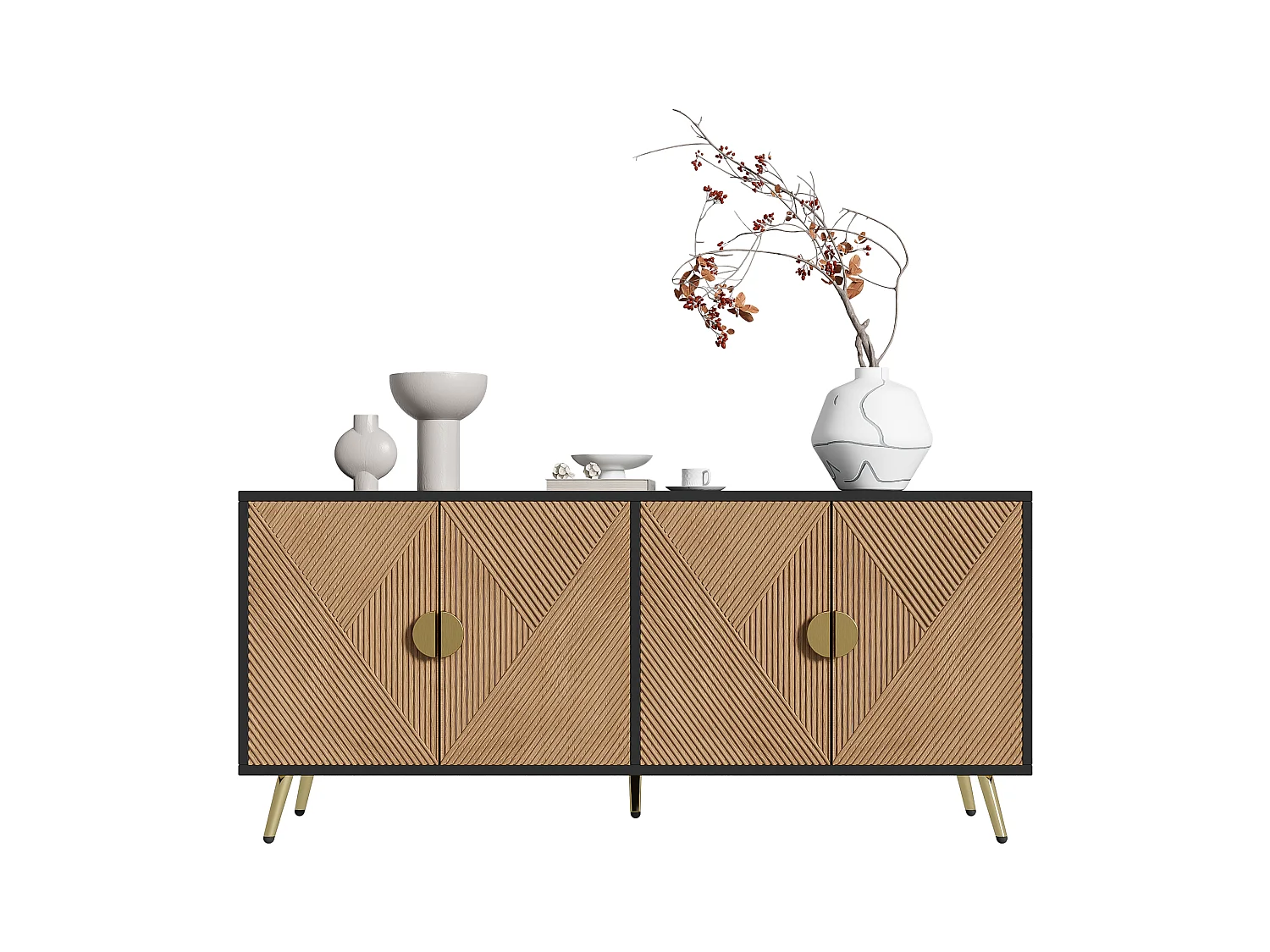 Buffet avec 4 portes, 4 tiroirs, avec éléments dorés, MDF, noir et bois, (160x40x75 cm)