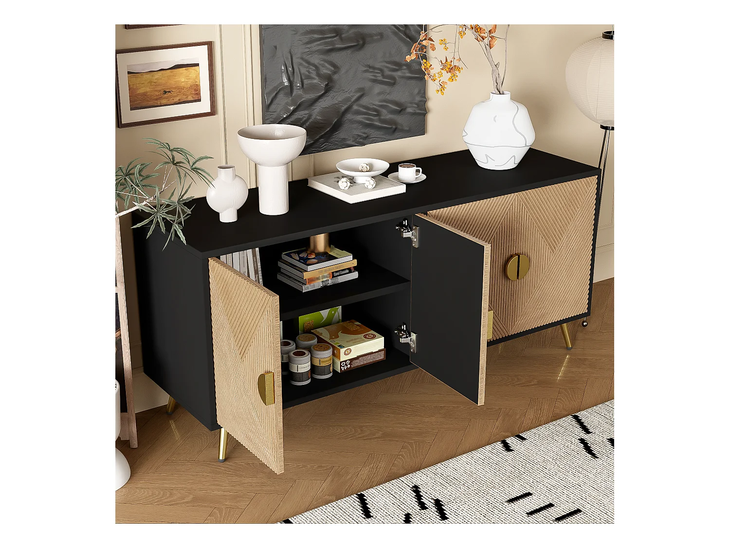 Buffet avec 4 portes, 4 tiroirs, avec éléments dorés, MDF, noir et bois, (160x40x75 cm)