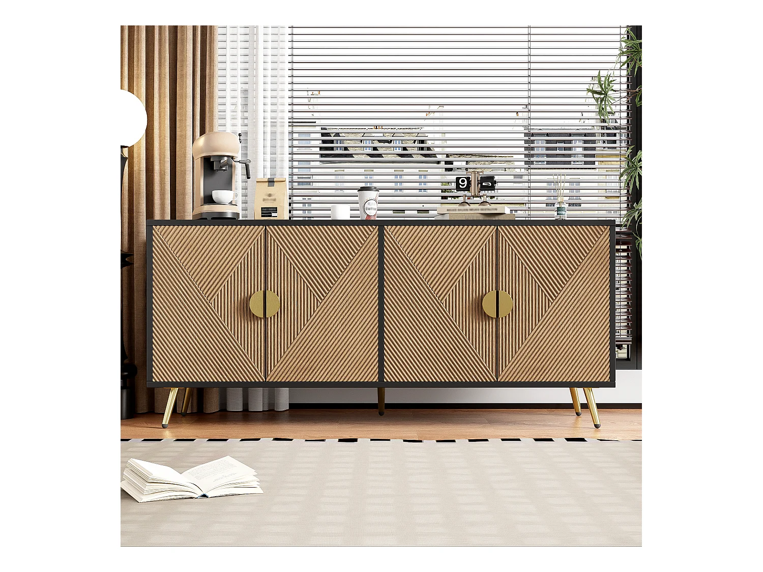 Buffet avec 4 portes, 4 tiroirs, avec éléments dorés, MDF, noir et bois, (160x40x75 cm)