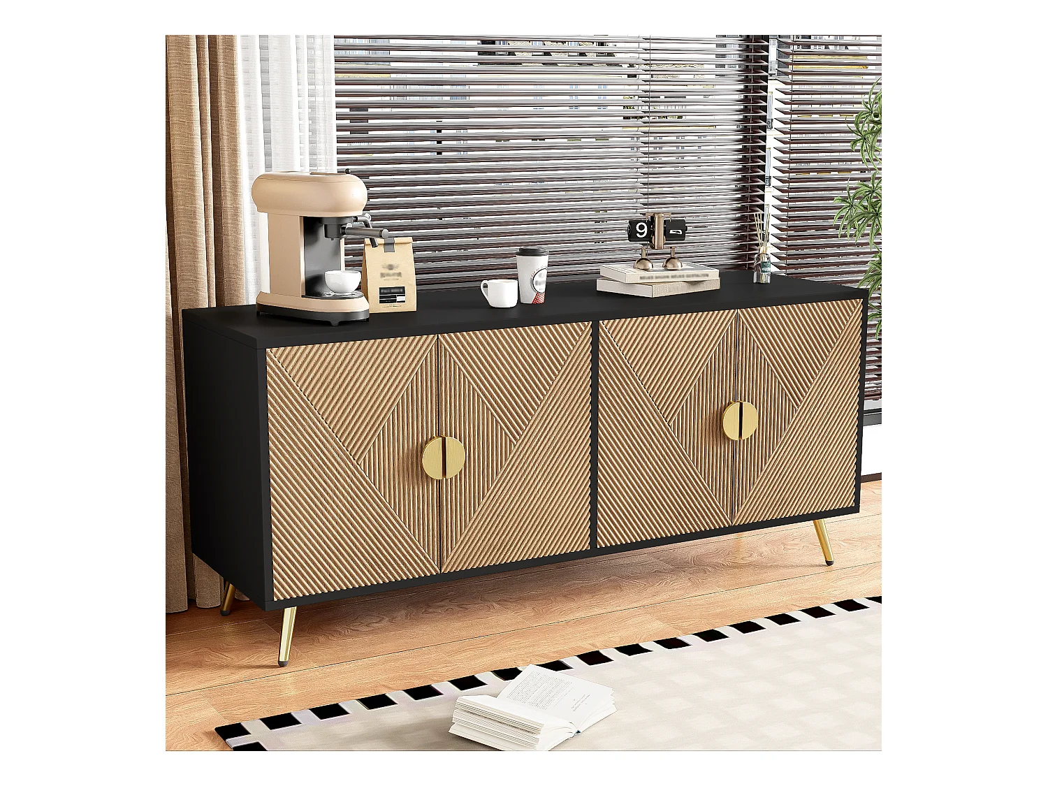 Buffet avec 4 portes, 4 tiroirs, avec éléments dorés, MDF, noir et bois, (160x40x75 cm)