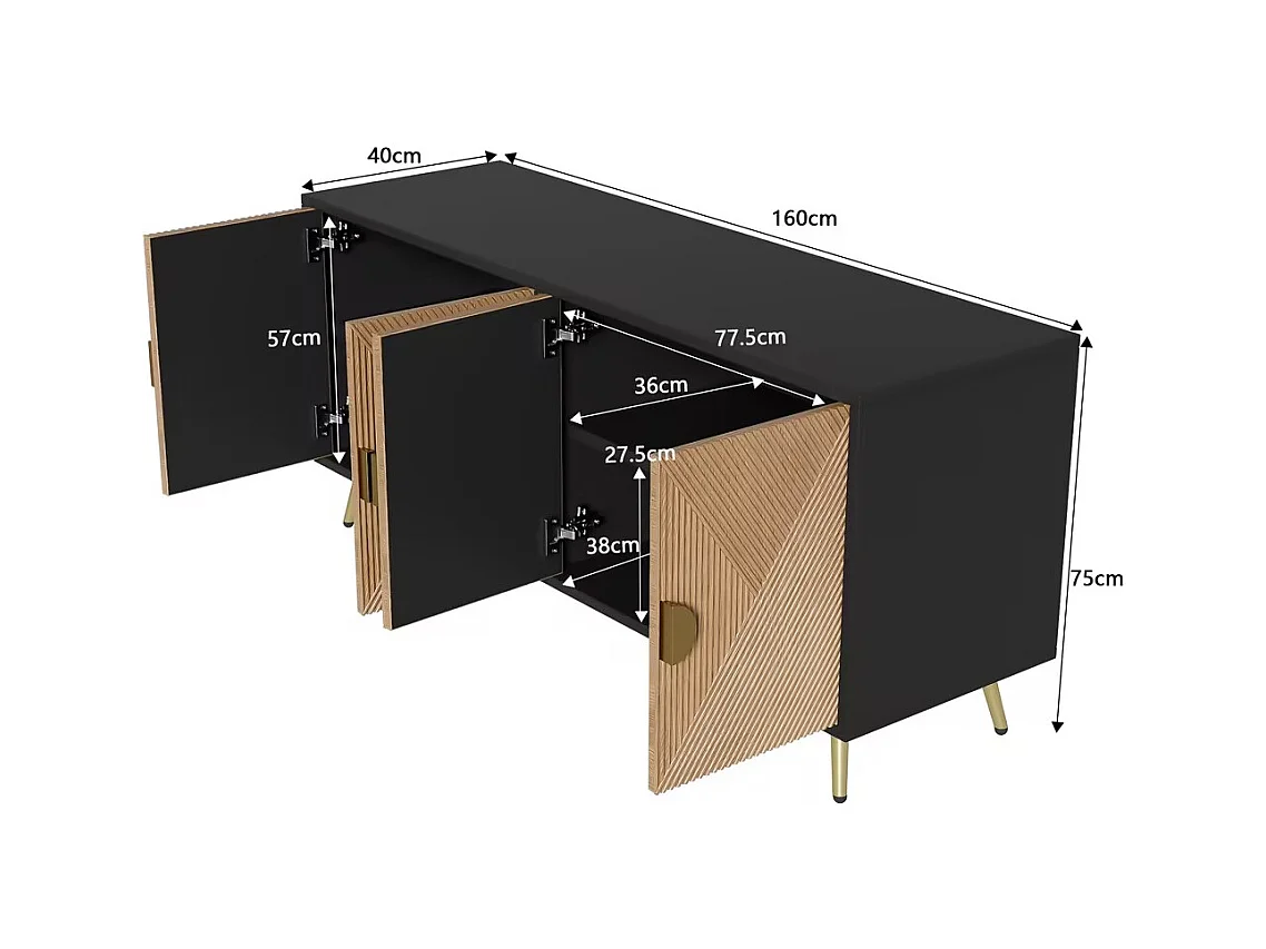 Buffet avec 4 portes, 4 tiroirs, avec éléments dorés, MDF, noir et bois, (160x40x75 cm)