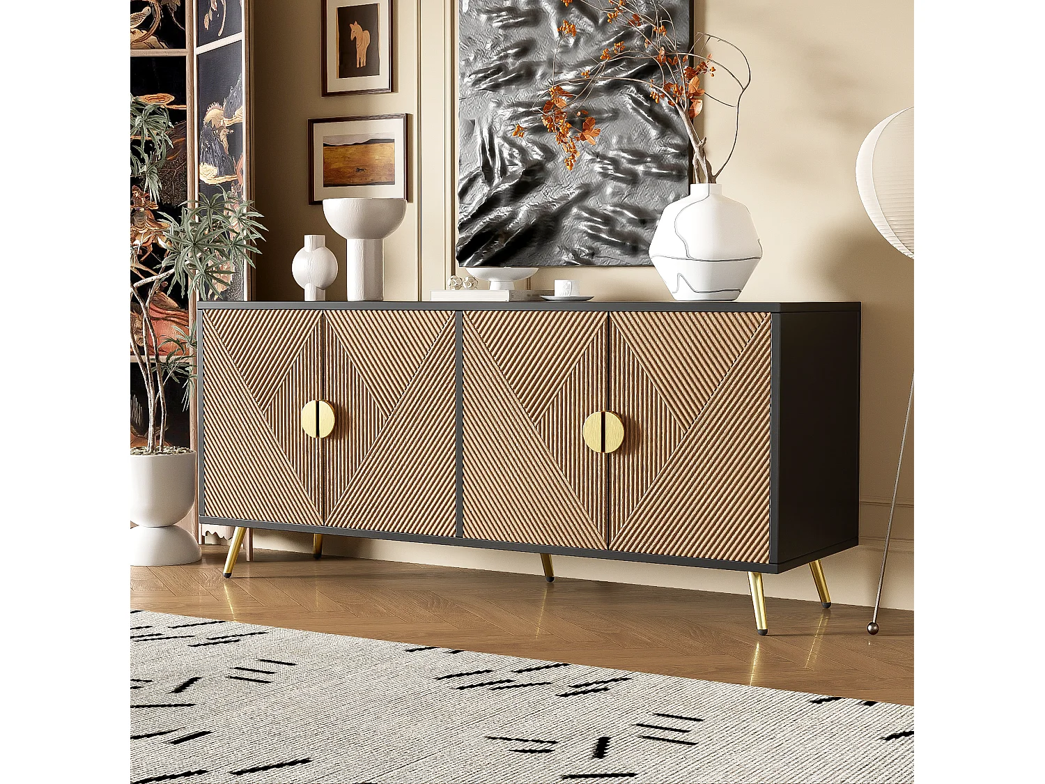 Dressoir met 4 deuren, 4 laden, met gouden elementen, MDF, zwart en hout, (160x40x75 cm)