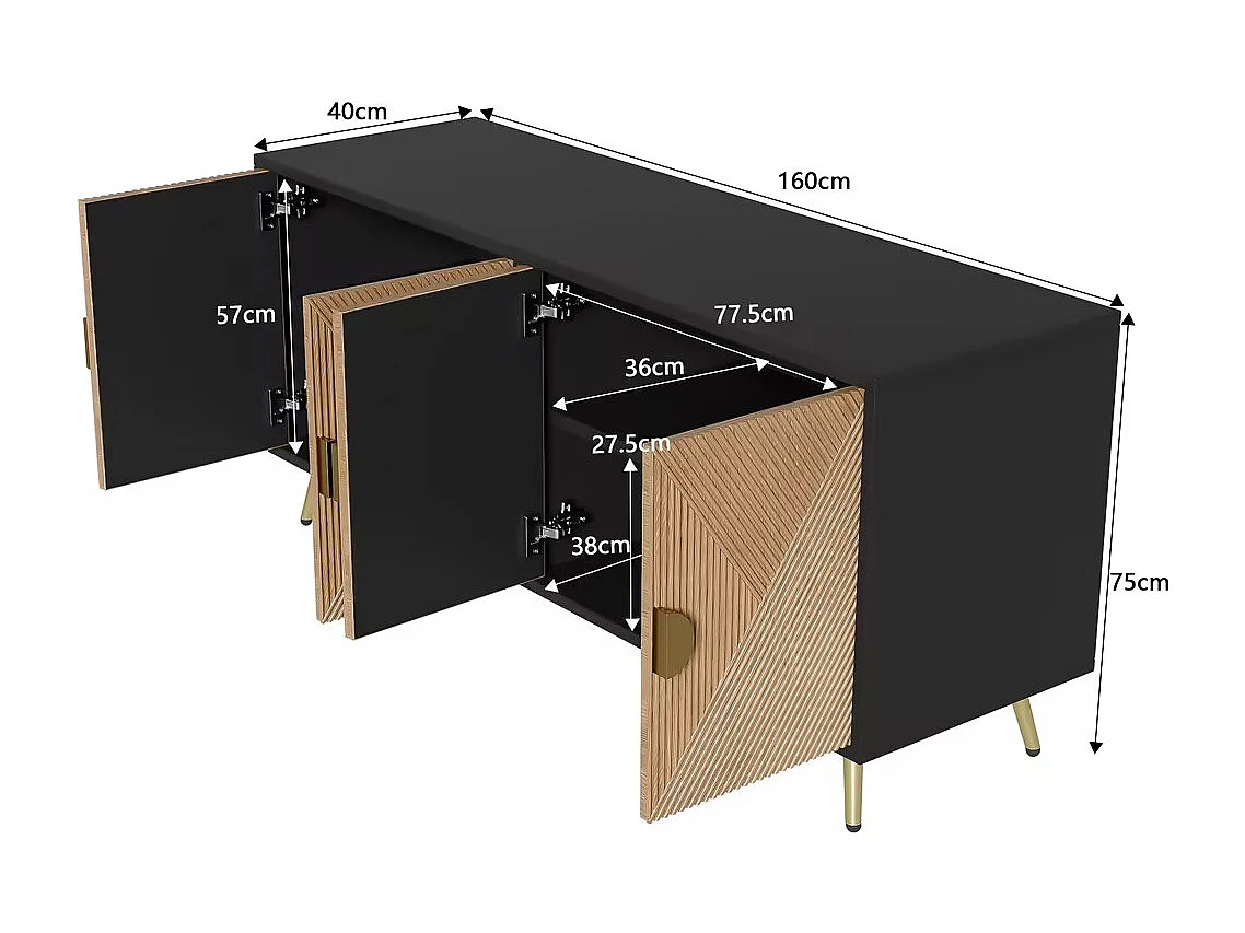 Dressoir met 4 deuren, 4 laden, met gouden elementen, MDF, zwart en hout, (160x40x75 cm)
