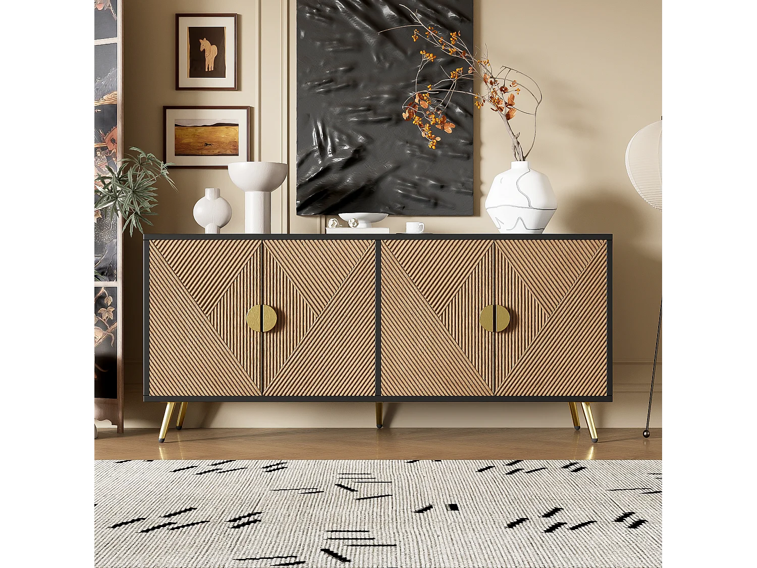 Buffet avec 4 portes, 4 tiroirs, avec éléments dorés, MDF, noir et bois, (160x40x75 cm)