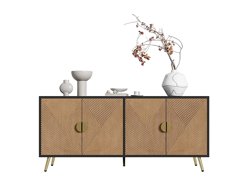 Credenza con 4 ante, 4 cassetti, con elementi dorati, MDF, nero e legno, (160x40x75 cm)