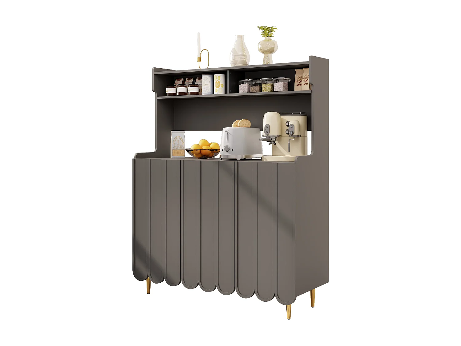 Aparador gris con estantes abiertos y diseño moderno, MDF, decoración dorada, (120x40x151 cm)