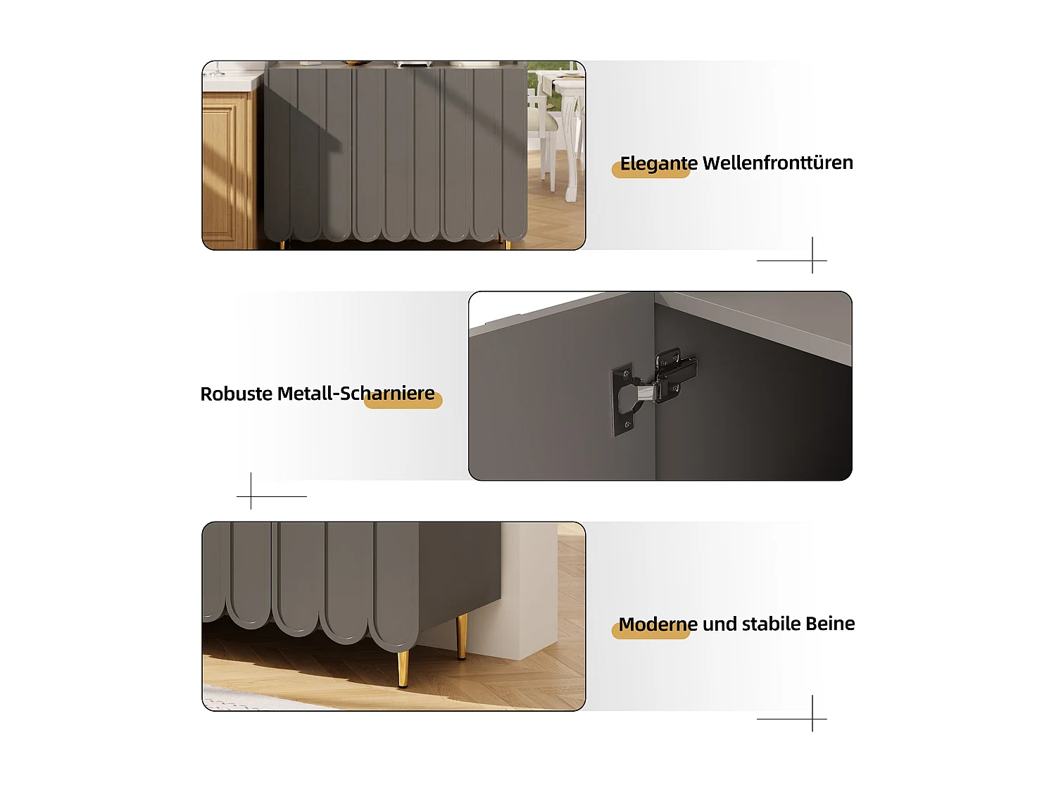 Aparador gris con estantes abiertos y diseño moderno, MDF, decoración dorada, (120x40x151 cm)