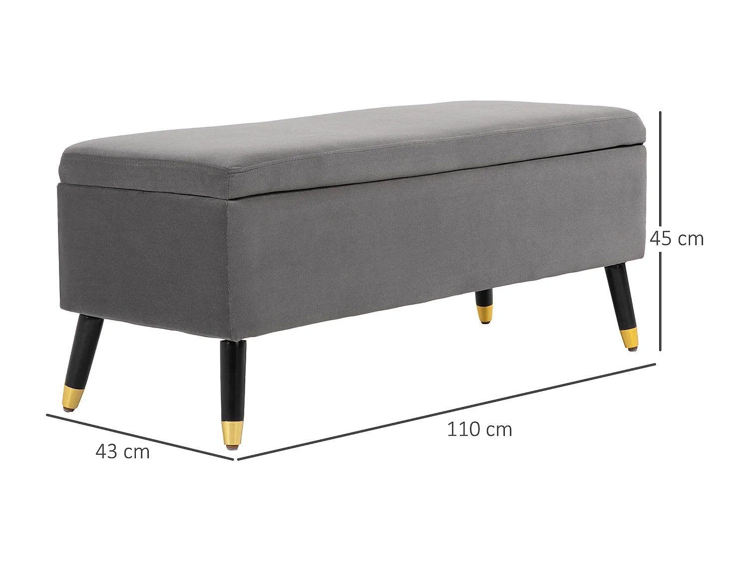 Banc coffre avec rangement, velours et métal, anthracite (110x43x45 cm)