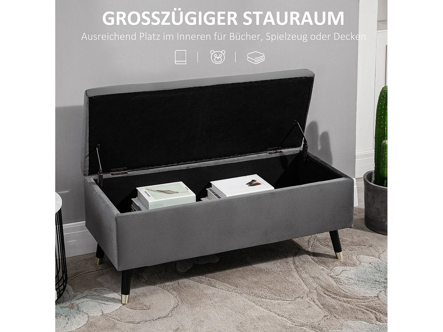 Banc coffre avec rangement, velours et métal, anthracite (110x43x45 cm)