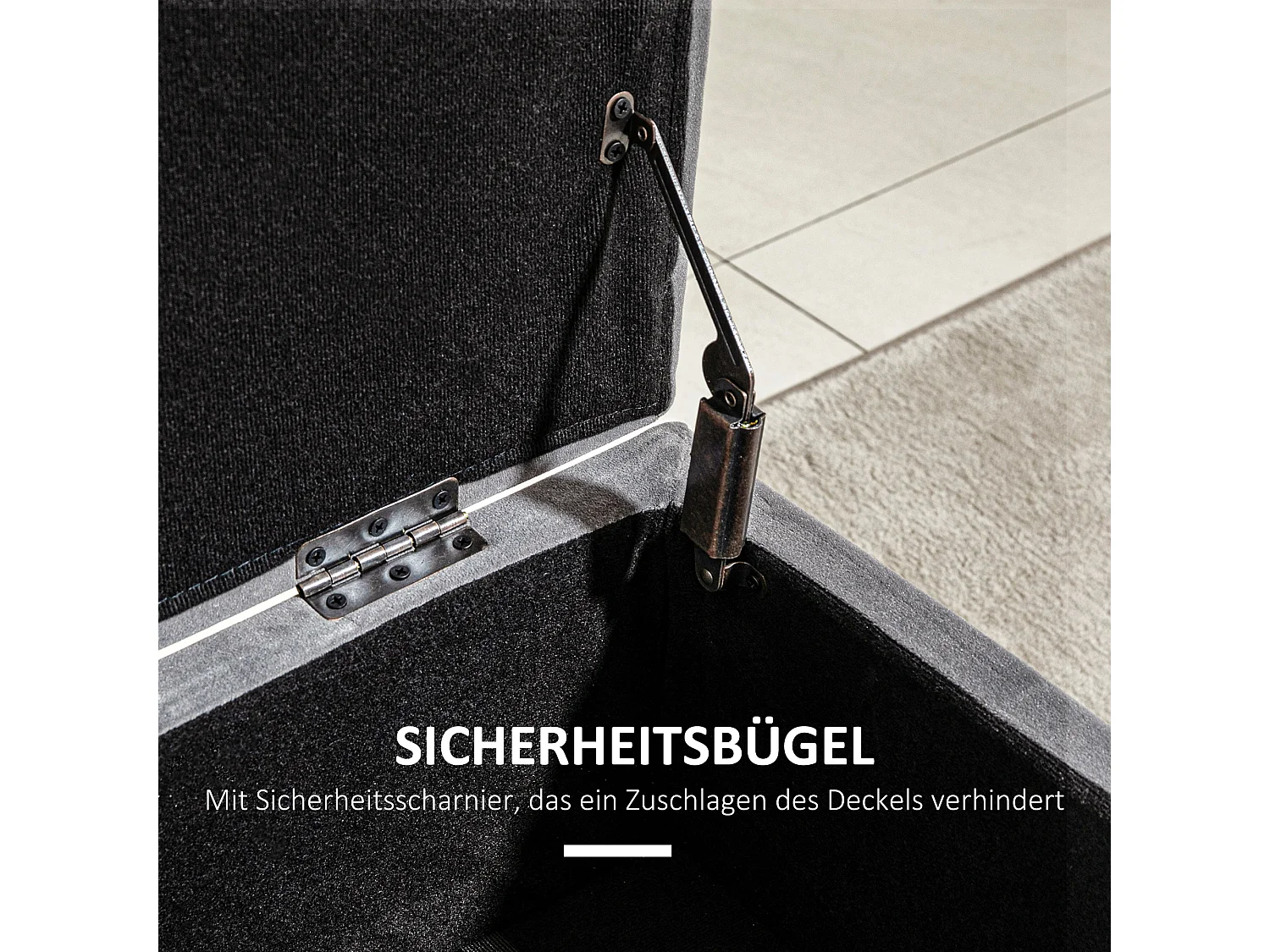 Banc coffre avec rangement, velours et métal, anthracite (110x43x45 cm)