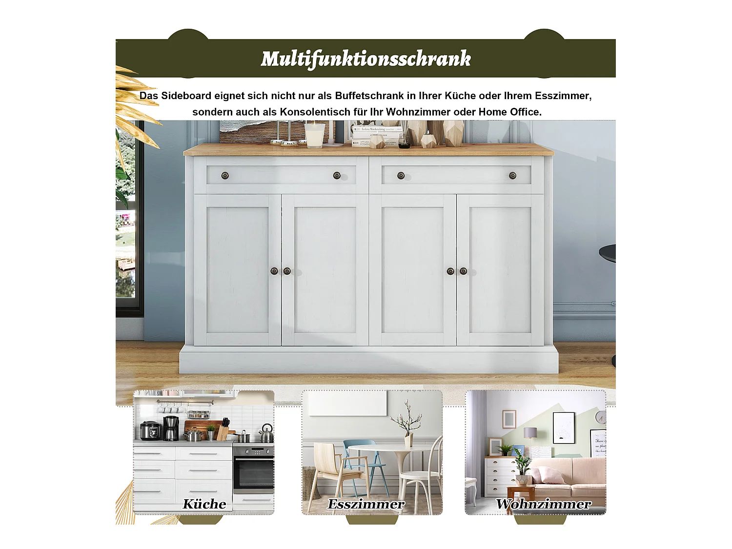 Buffet moderne élégant avec 4 portes et 2 tiroirs, buffet pour salle à manger, salon, chambre, couloir (blanc+bois naturel) (150x40x86 cm)