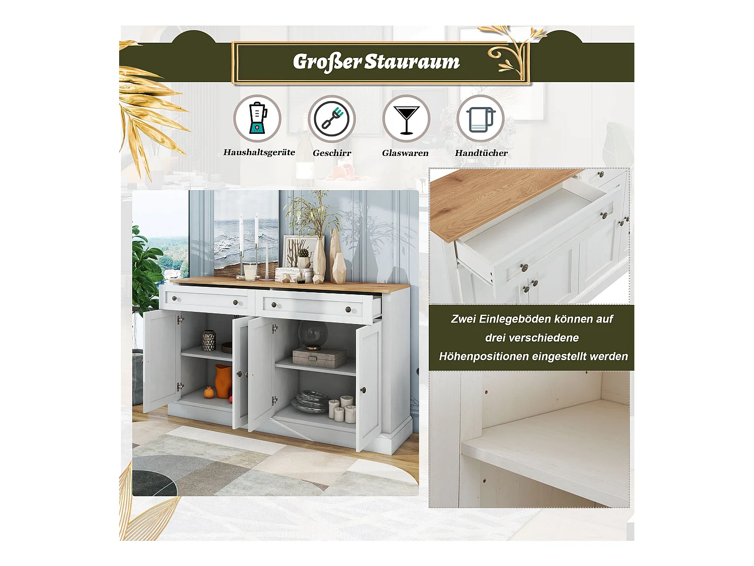 Buffet moderne élégant avec 4 portes et 2 tiroirs, buffet pour salle à manger, salon, chambre, couloir (blanc+bois naturel) (150x40x86 cm)