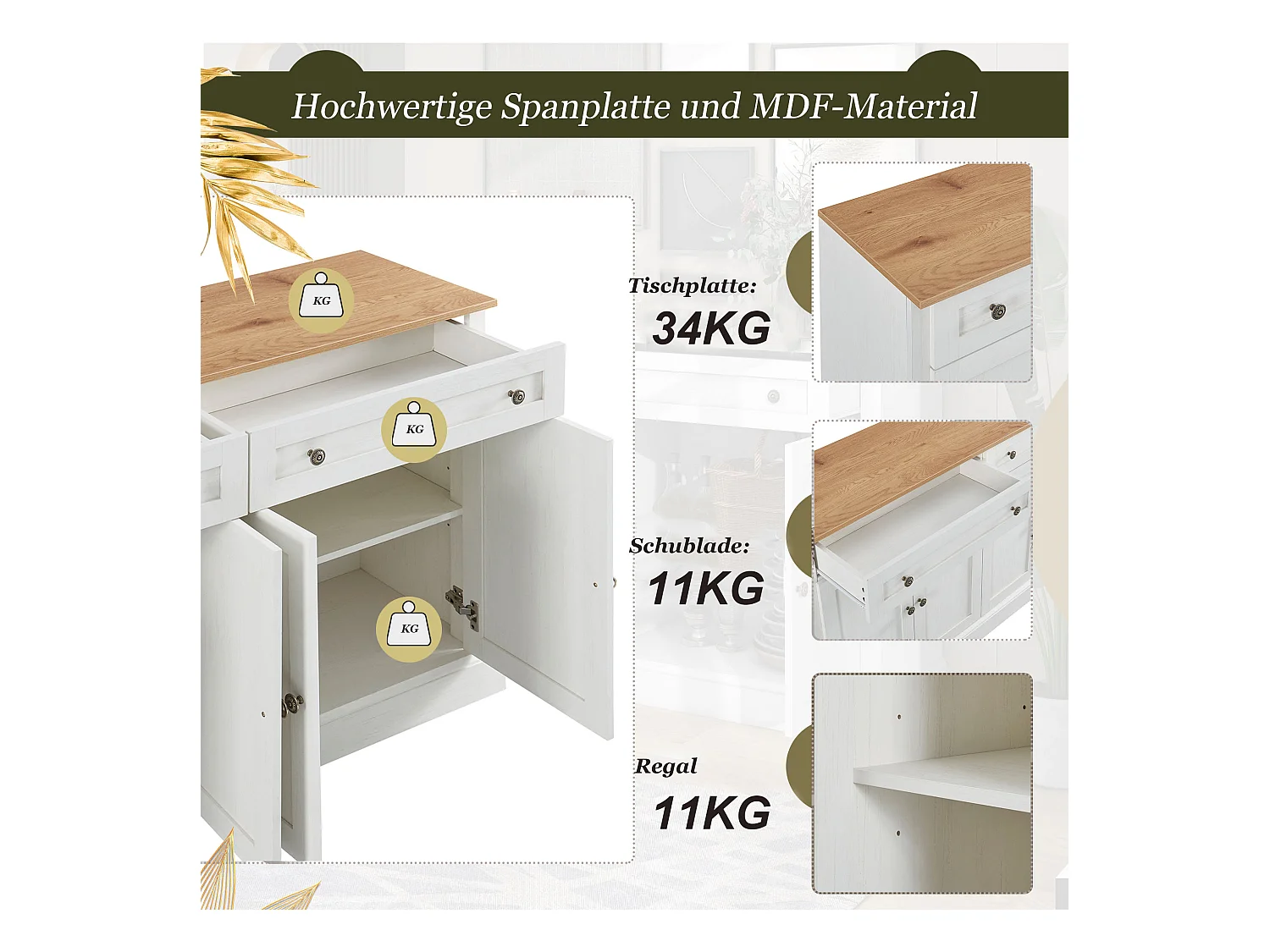 Buffet moderne élégant avec 4 portes et 2 tiroirs, buffet pour salle à manger, salon, chambre, couloir (blanc+bois naturel) (150x40x86 cm)