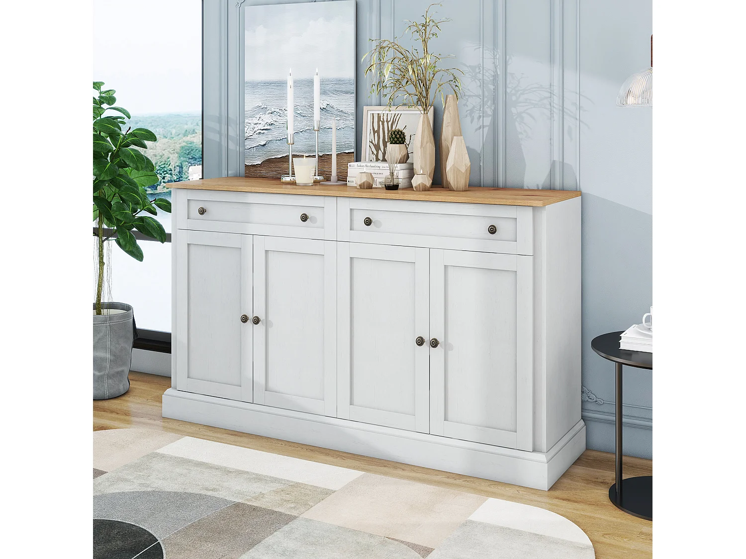 Buffet moderne élégant avec 4 portes et 2 tiroirs, buffet pour salle à manger, salon, chambre, couloir (blanc+bois naturel) (150x40x86 cm)