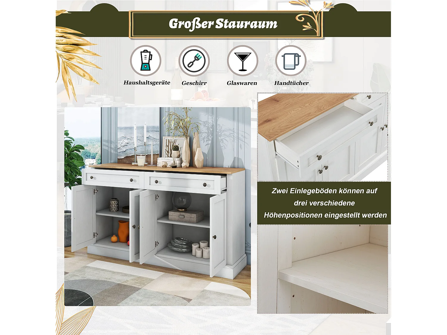 Buffet moderne élégant avec 4 portes et 2 tiroirs, buffet pour salle à manger, salon, chambre, couloir (blanc+bois naturel) (150x40x86 cm)