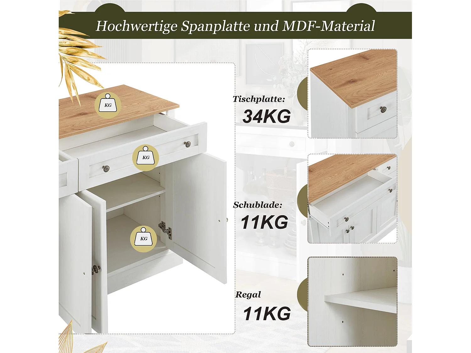 Buffet moderne élégant avec 4 portes et 2 tiroirs, buffet pour salle à manger, salon, chambre, couloir (blanc+bois naturel) (150x40x86 cm)