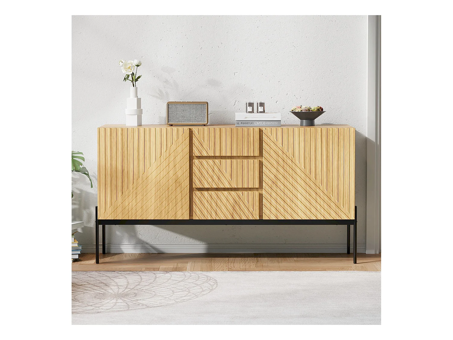 Buffet avec 2 portes et 3 tiroirs, pieds métalliques, MDF, Noir+Or (150x40x75 cm)