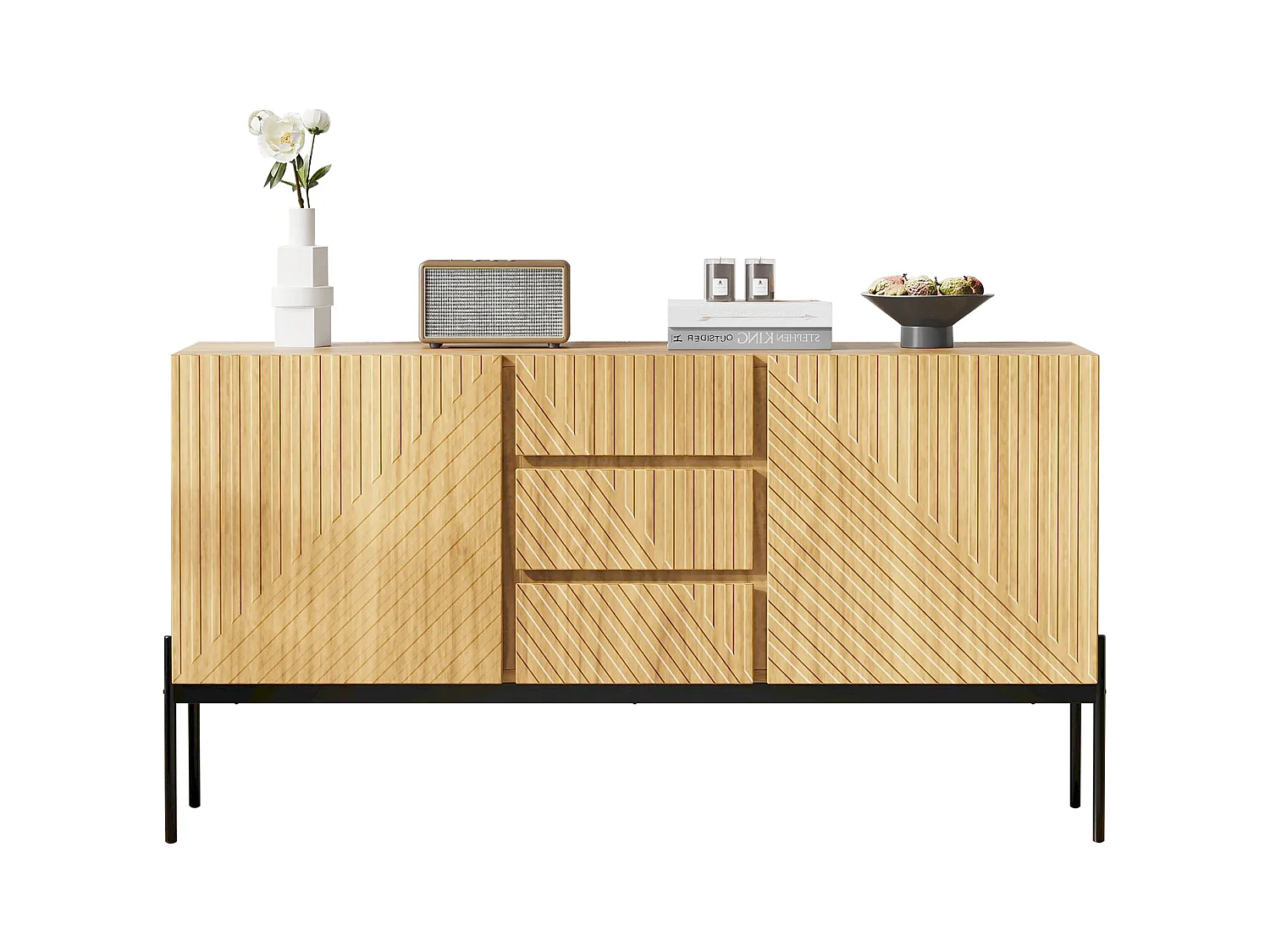 Buffet avec 2 portes et 3 tiroirs, pieds métalliques, MDF, Noir+Or (150x40x75 cm)