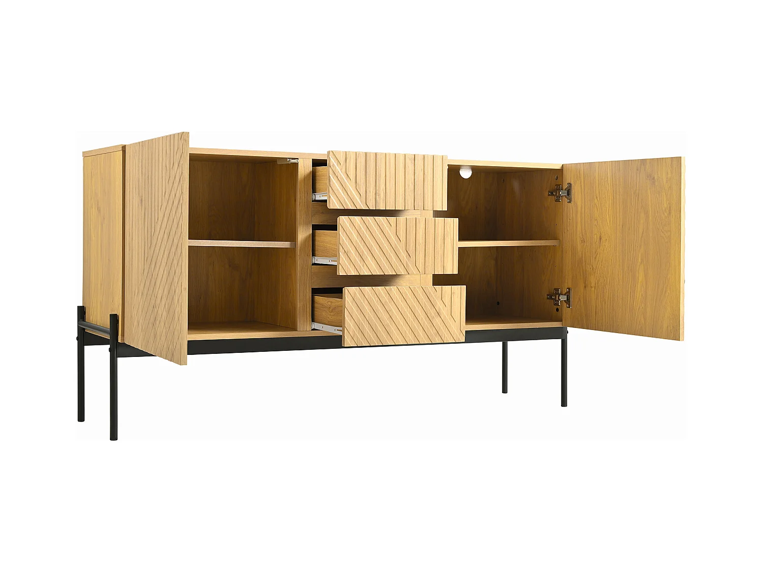 Buffet avec 2 portes et 3 tiroirs, pieds métalliques, MDF, Noir+Or (150x40x75 cm)