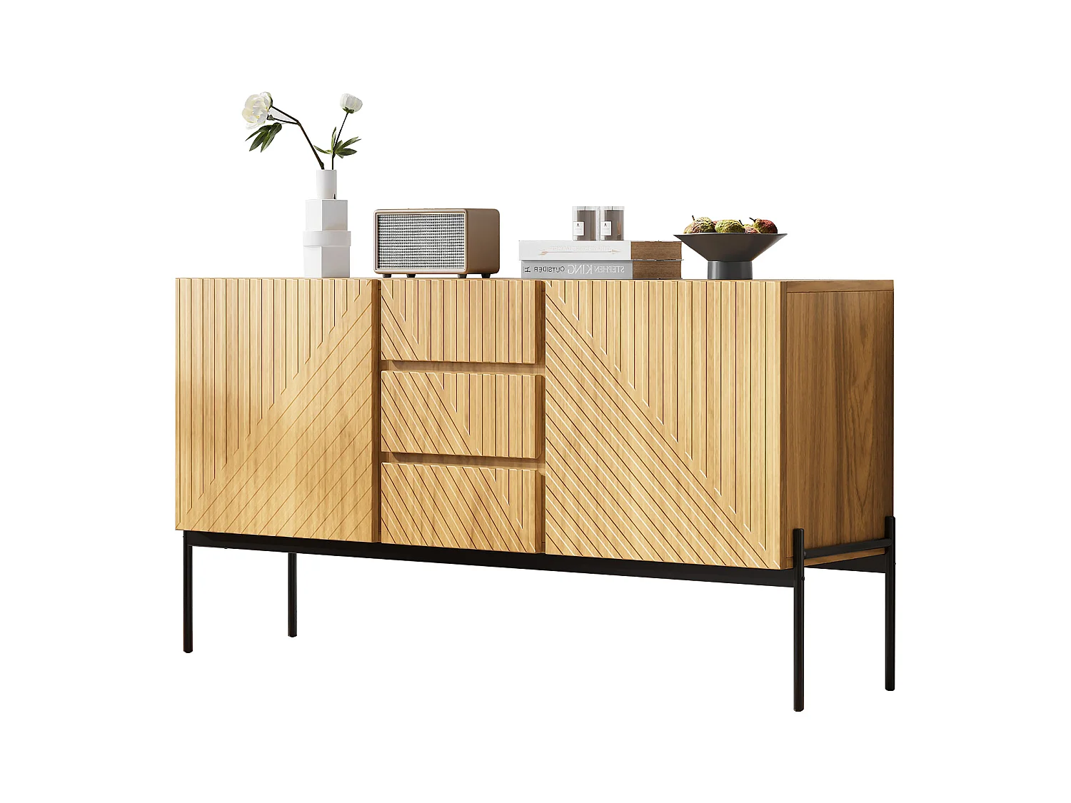 Buffet avec 2 portes et 3 tiroirs, pieds métalliques, MDF, Noir+Or (150x40x75 cm)