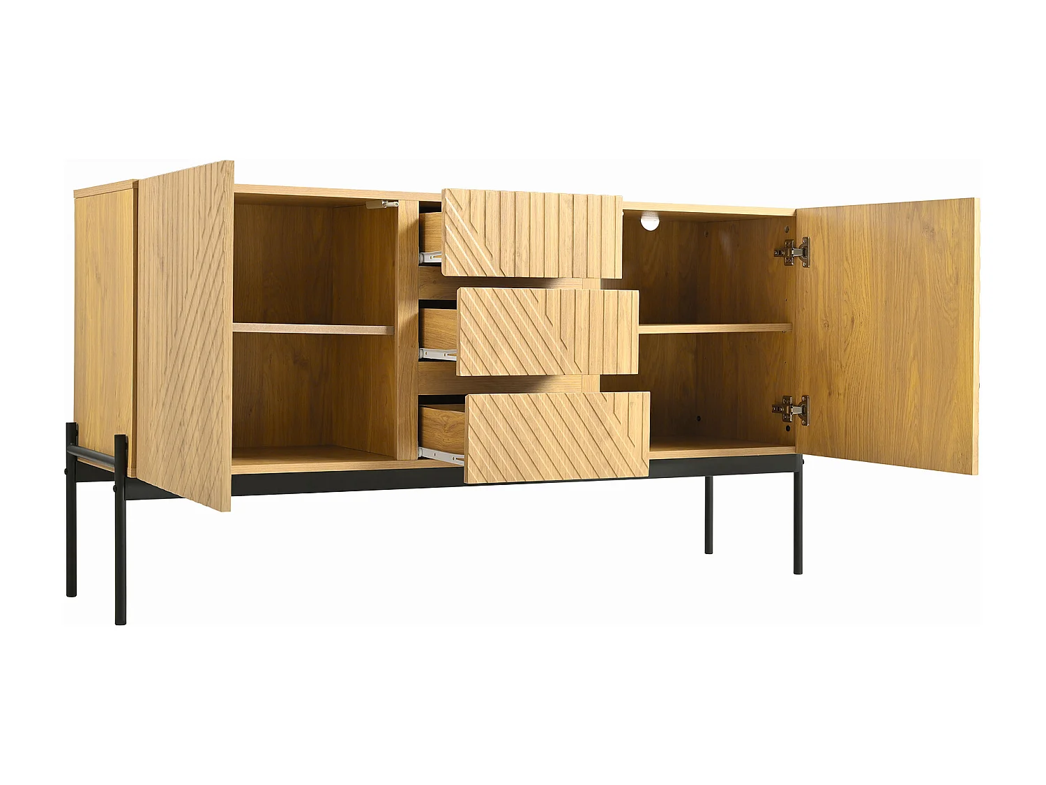 Buffet avec 2 portes et 3 tiroirs, pieds métalliques, MDF, Noir+Or (150x40x75 cm)