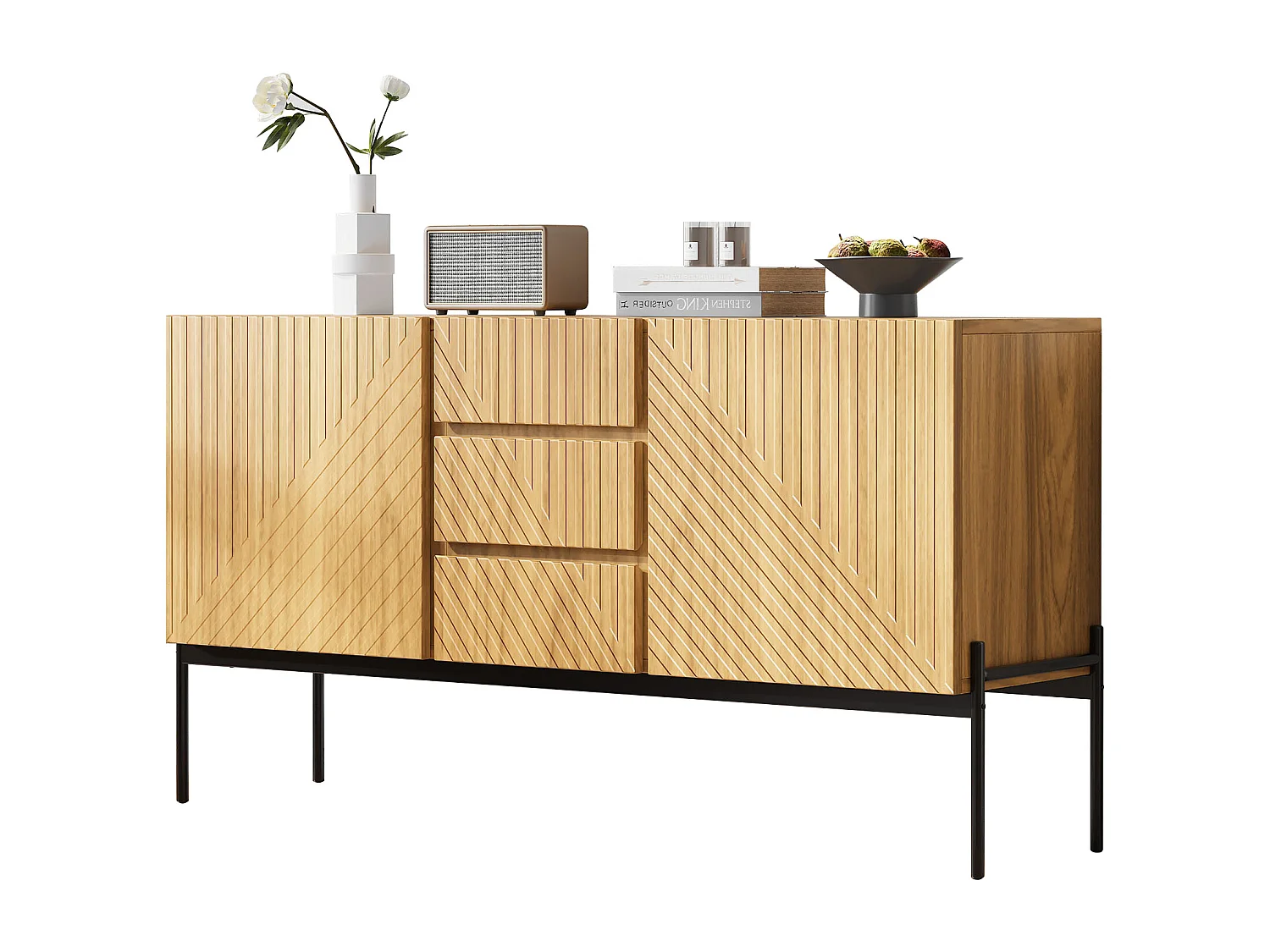 Buffet avec 2 portes et 3 tiroirs, pieds métalliques, MDF, Noir+Or (150x40x75 cm)