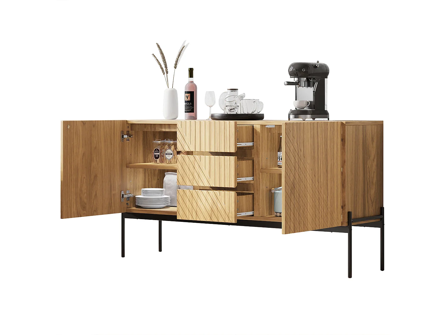 Buffet avec 2 portes et 3 tiroirs, pieds métalliques, MDF, Noir+Or (150x40x75 cm)