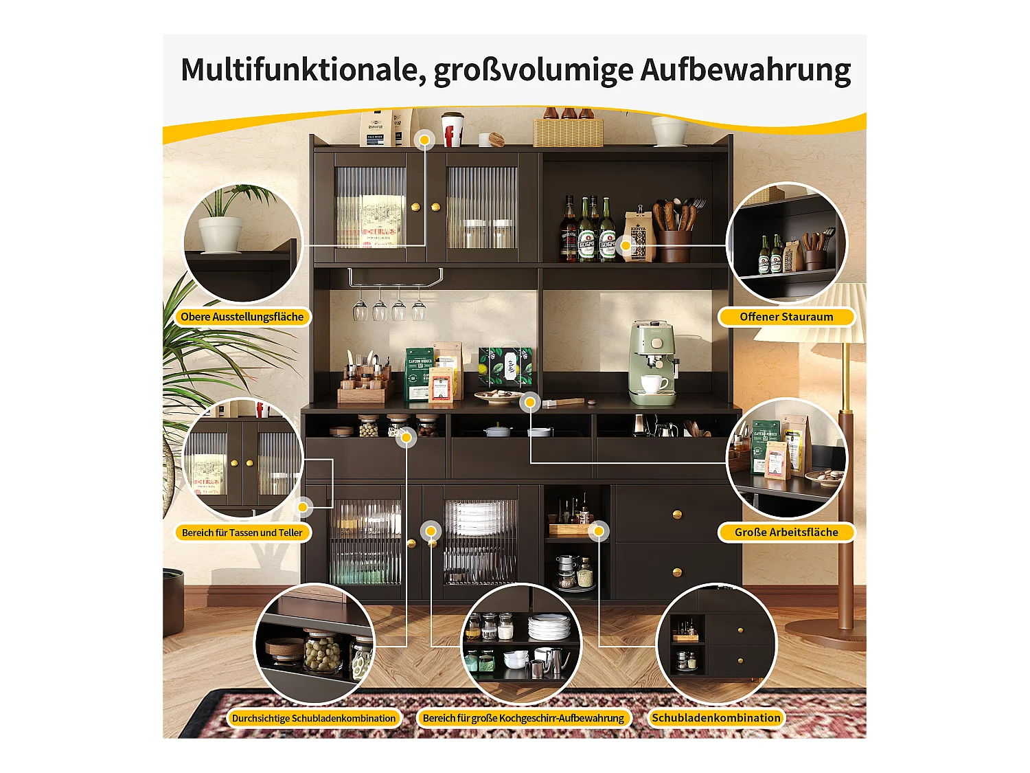 Meuble de rangement avec porte en verre Changhong, design moderne, MDF, blanc et doré, avec étagère à vin et rangement multi-étages (145x39x171 cm)