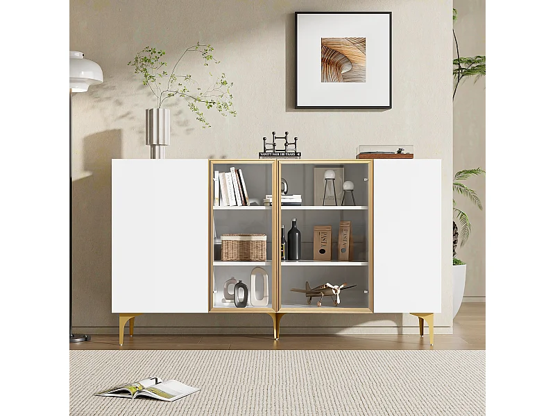 Aparador moderno de 4 puertas, MDF, blanco y cristal, con patas de metal, (150x38x85 cm)