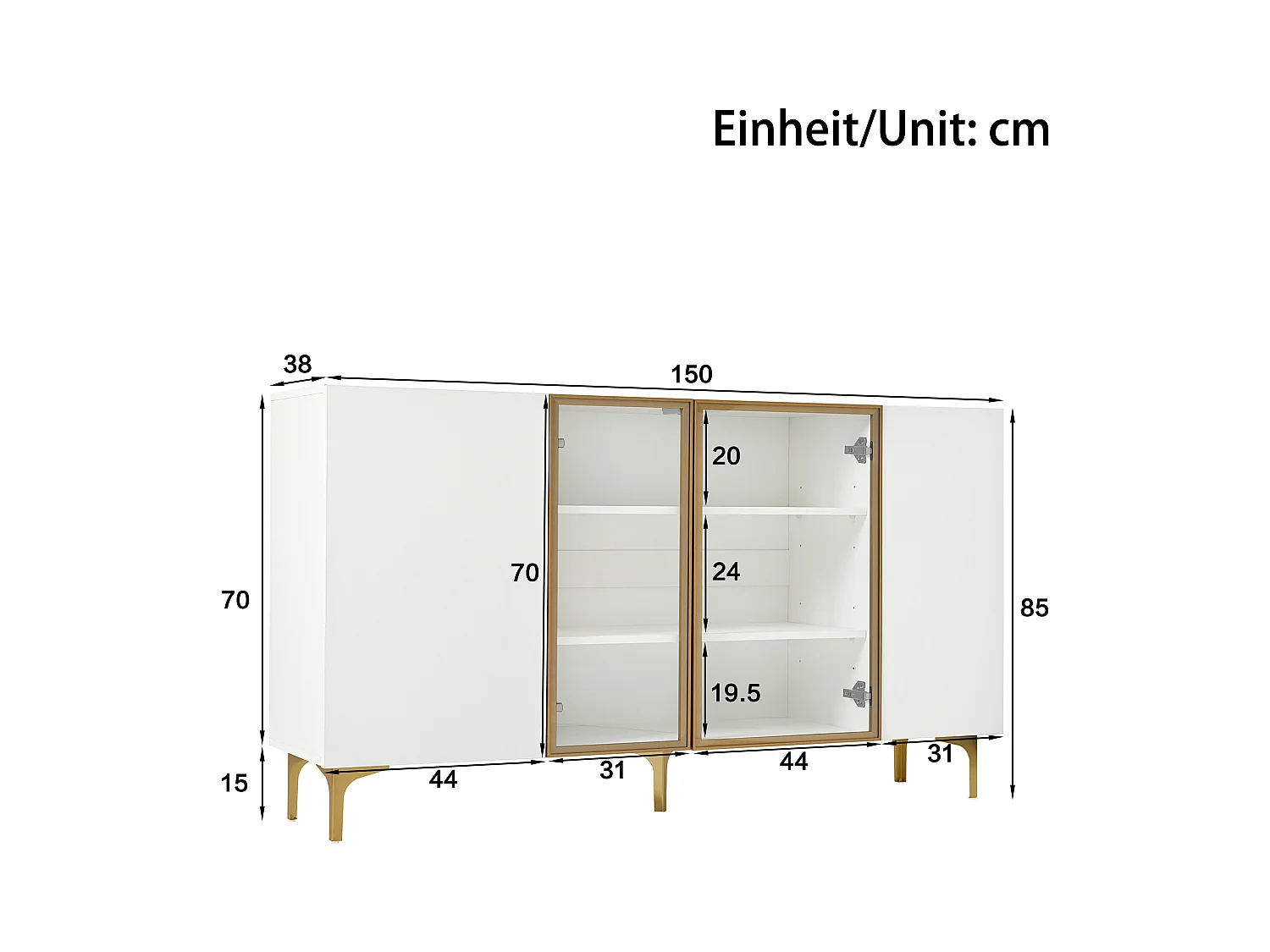 Buffet moderne avec 4 portes, MDF, blanc et verre, avec pieds métalliques, (150x38x85 cm)