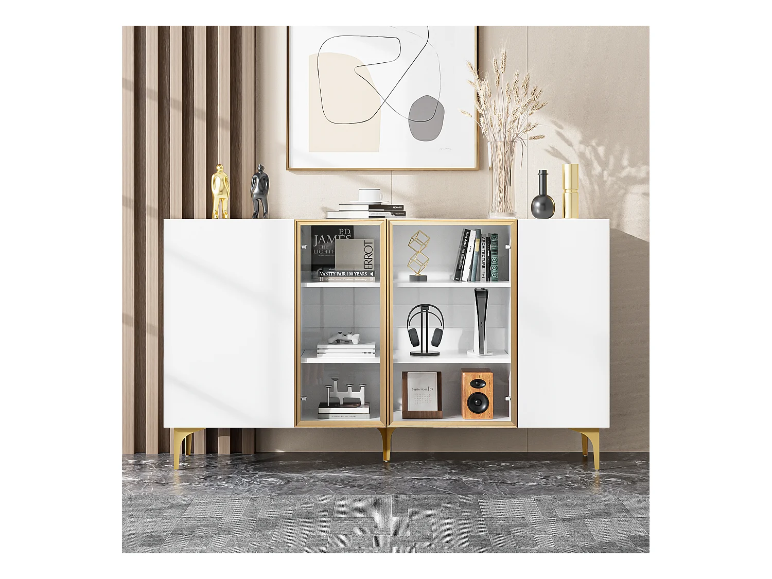 Buffet moderne avec 4 portes, MDF, blanc et verre, avec pieds métalliques, (150x38x85 cm)