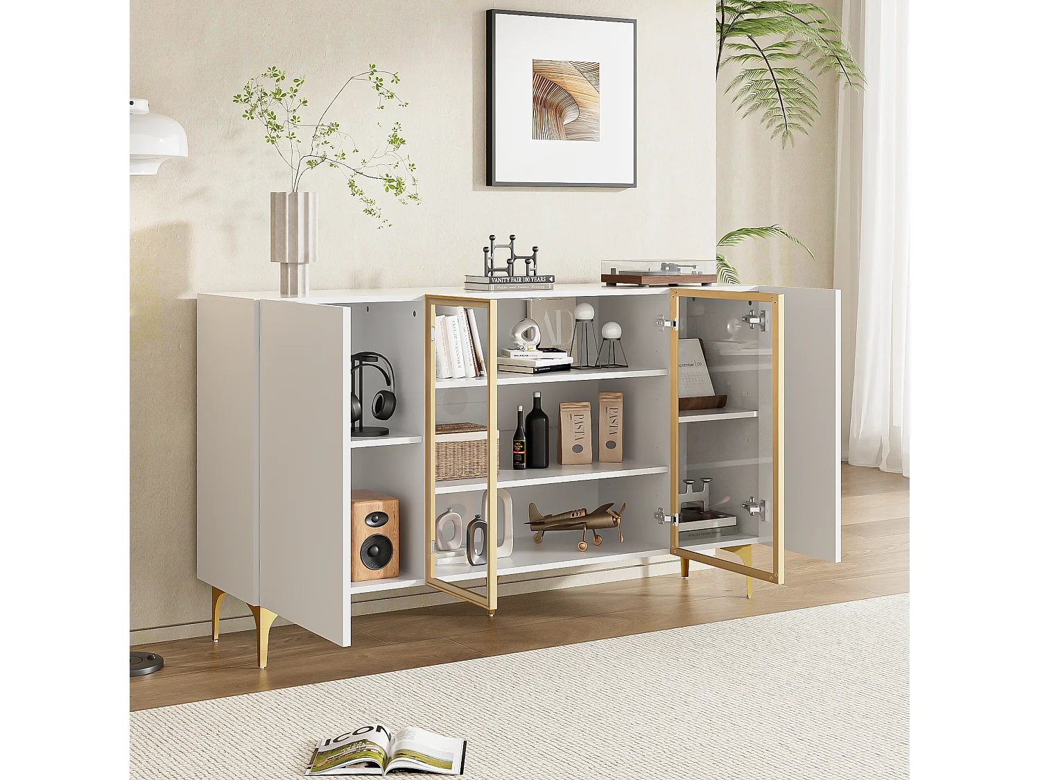 Buffet moderne avec 4 portes, MDF, blanc et verre, avec pieds métalliques, (150x38x85 cm)