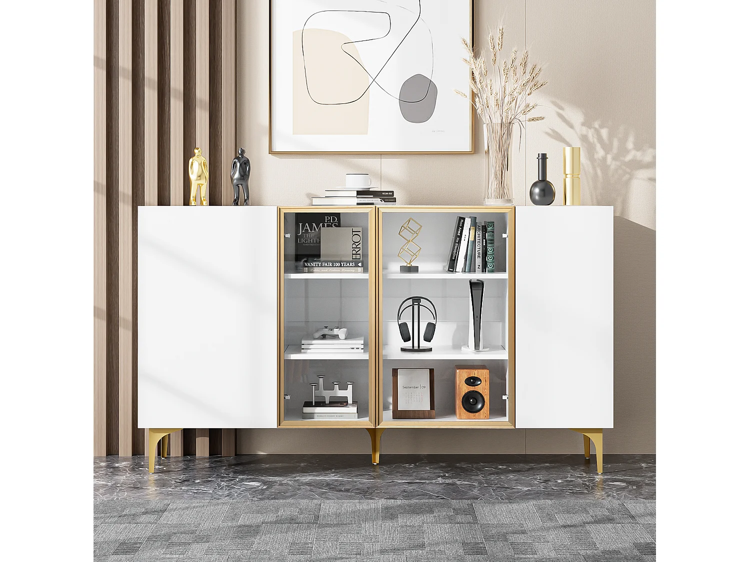 Buffet moderne avec 4 portes, MDF, blanc et verre, avec pieds métalliques, (150x38x85 cm)