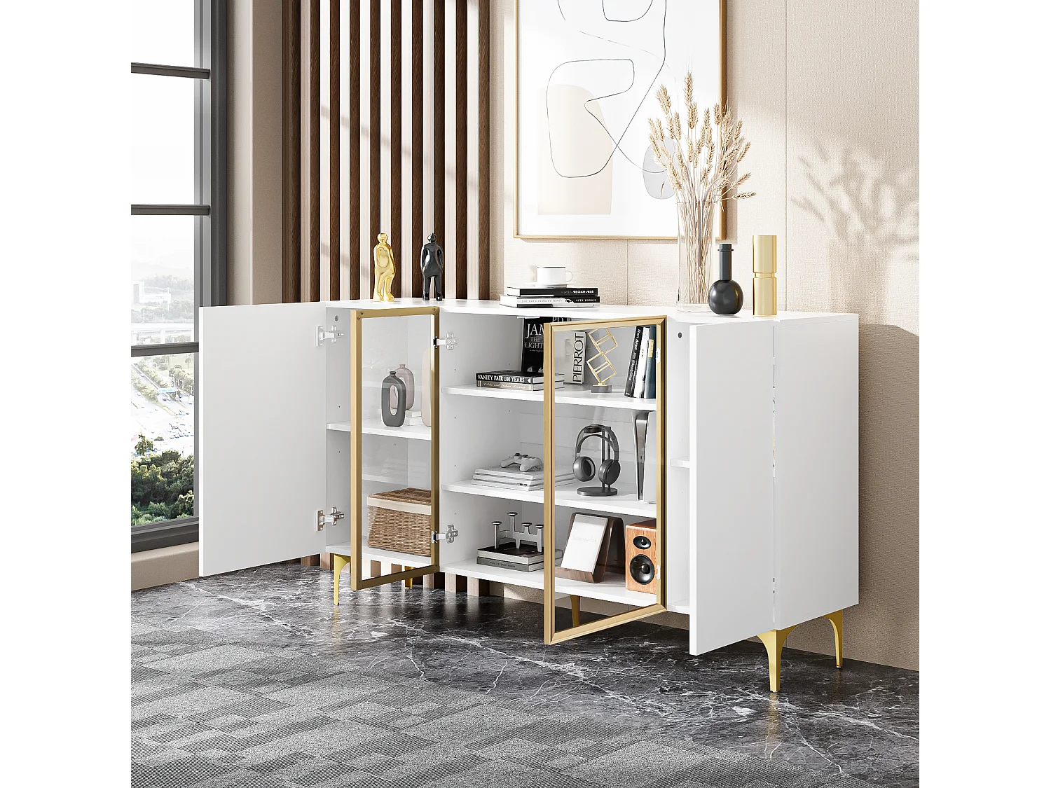 Buffet moderne avec 4 portes, MDF, blanc et verre, avec pieds métalliques, (150x38x85 cm)