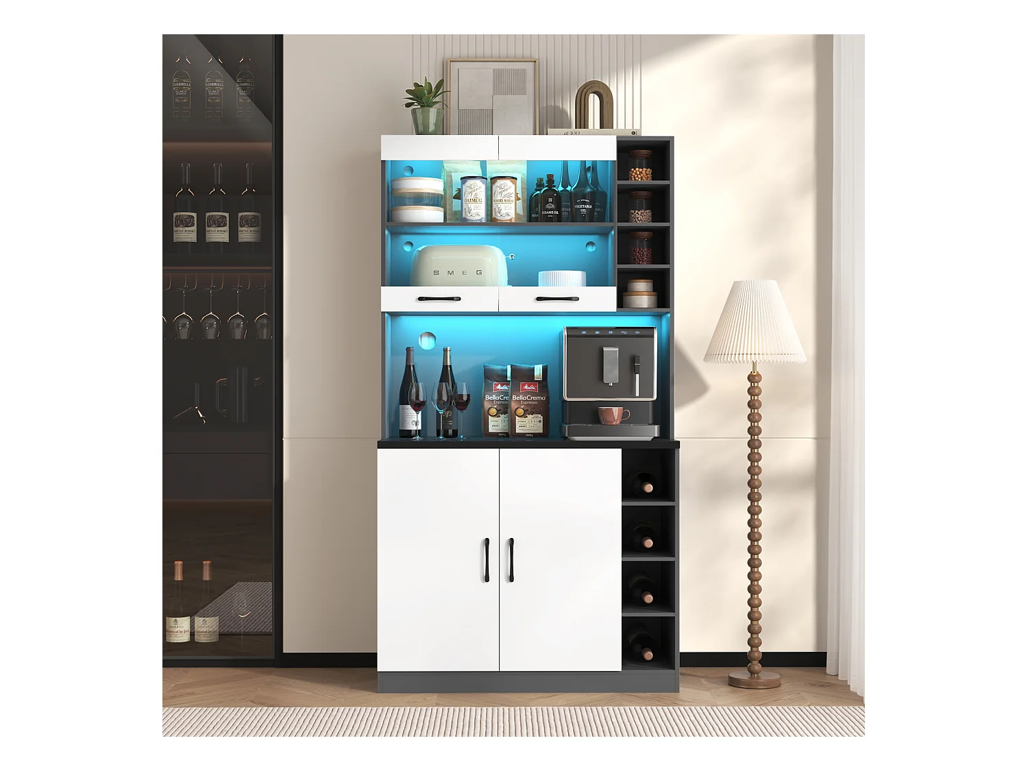 Buffet avec LED, 100x47x187 cm, rangement pratique avec prises USB, ajustable et conçu pour cuisine et salle à manger