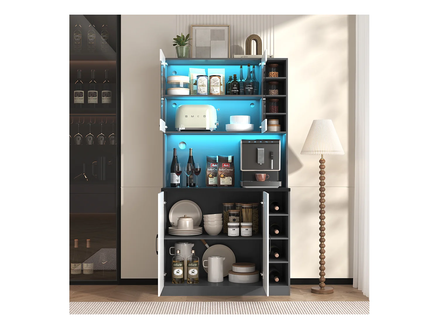 Buffet avec LED, 100x47x187 cm, rangement pratique avec prises USB, ajustable et conçu pour cuisine et salle à manger