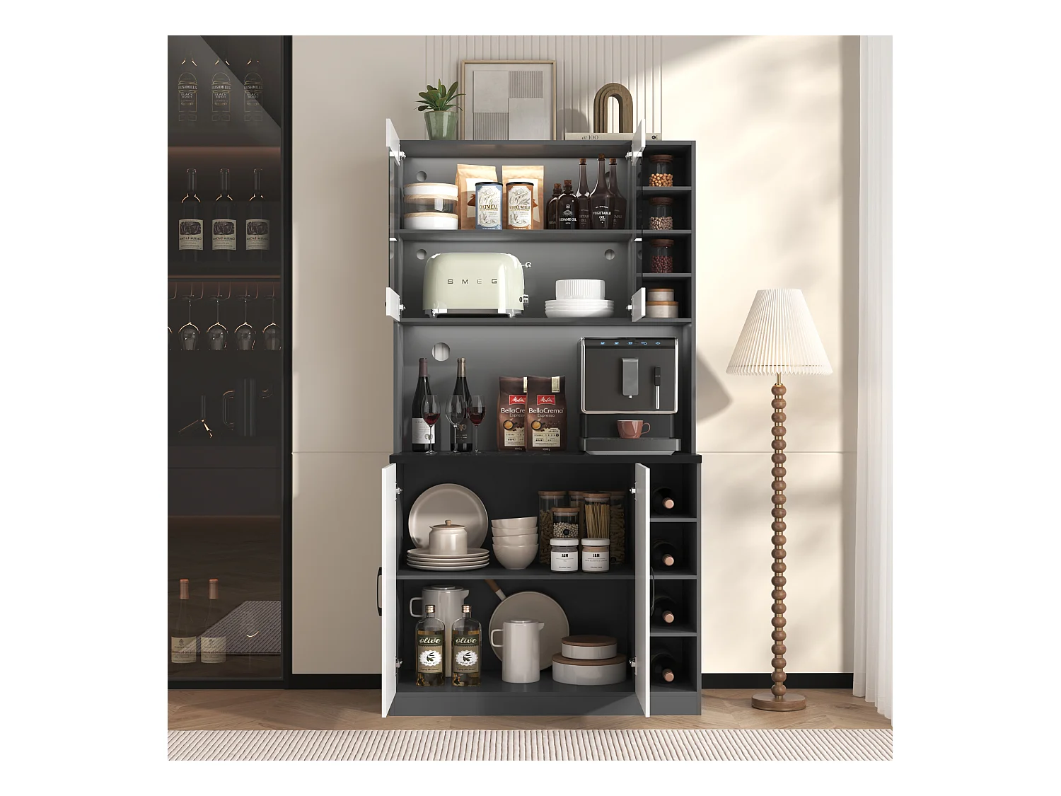 Buffet avec LED, 100x47x187 cm, rangement pratique avec prises USB, ajustable et conçu pour cuisine et salle à manger